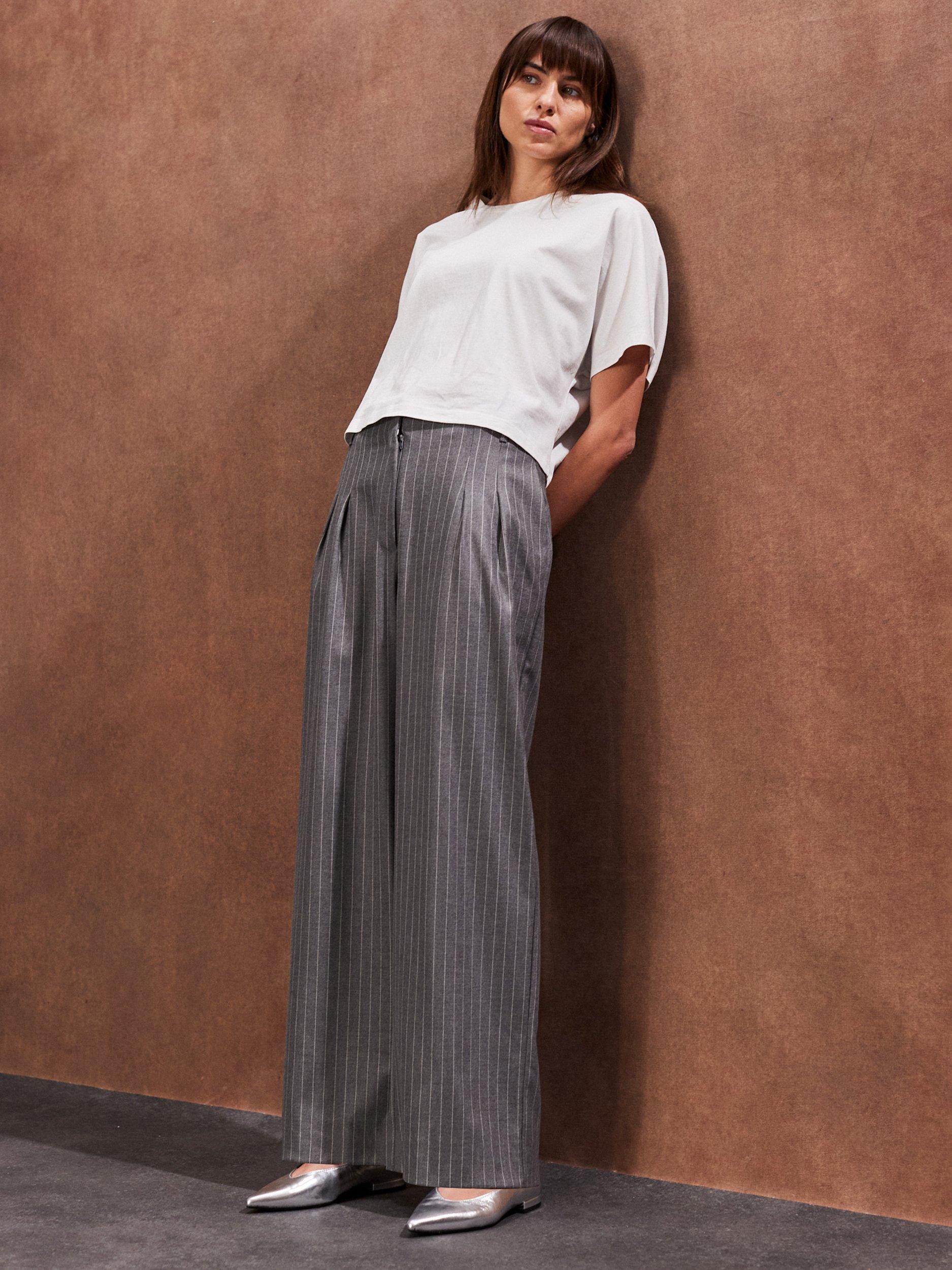 Ro&Zo Petite High Waist Pinstripe Trousers, Grey