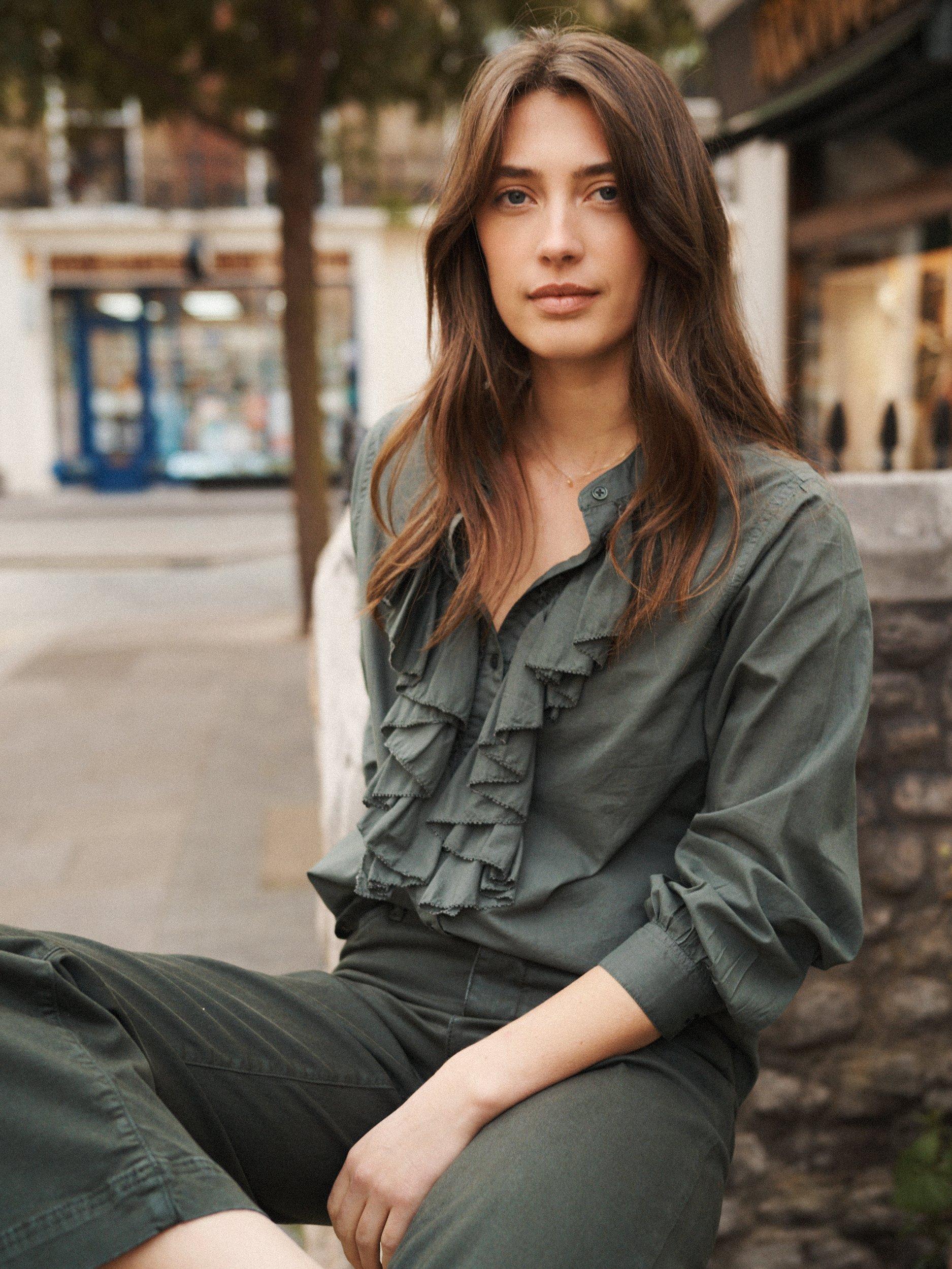 Product image 1 of 7, which shows NRBY Suzie Frill Shirt, Khaki, XS