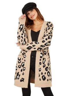 Yumi Leopard Print Longline Cardigan, Beige