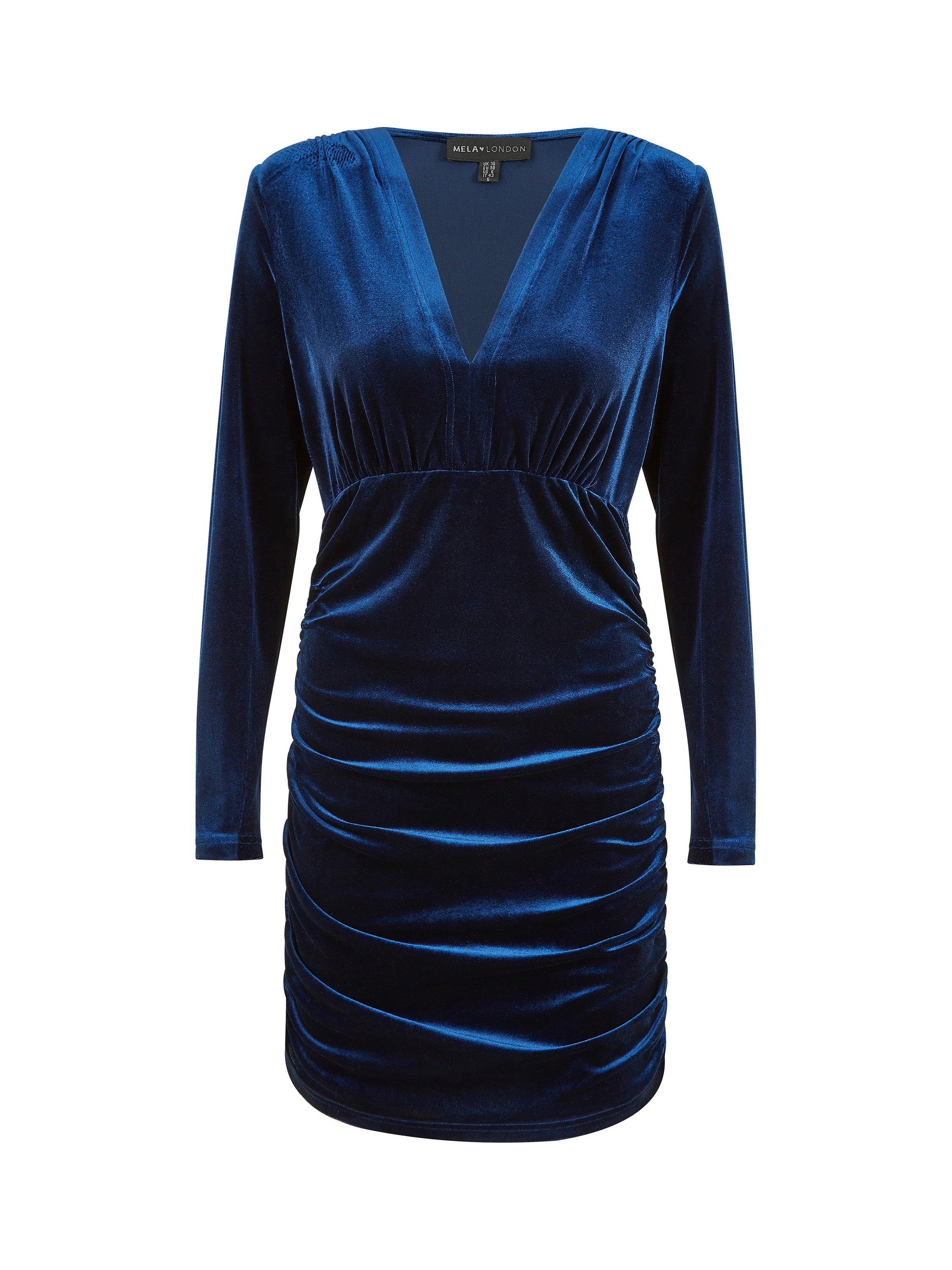 Product image 5 of 5, which shows Mela London Velvet Ruched Dress, Blue, 8