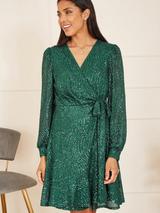 Yumi Long Sleeve Sequin Wrap Dress, Green