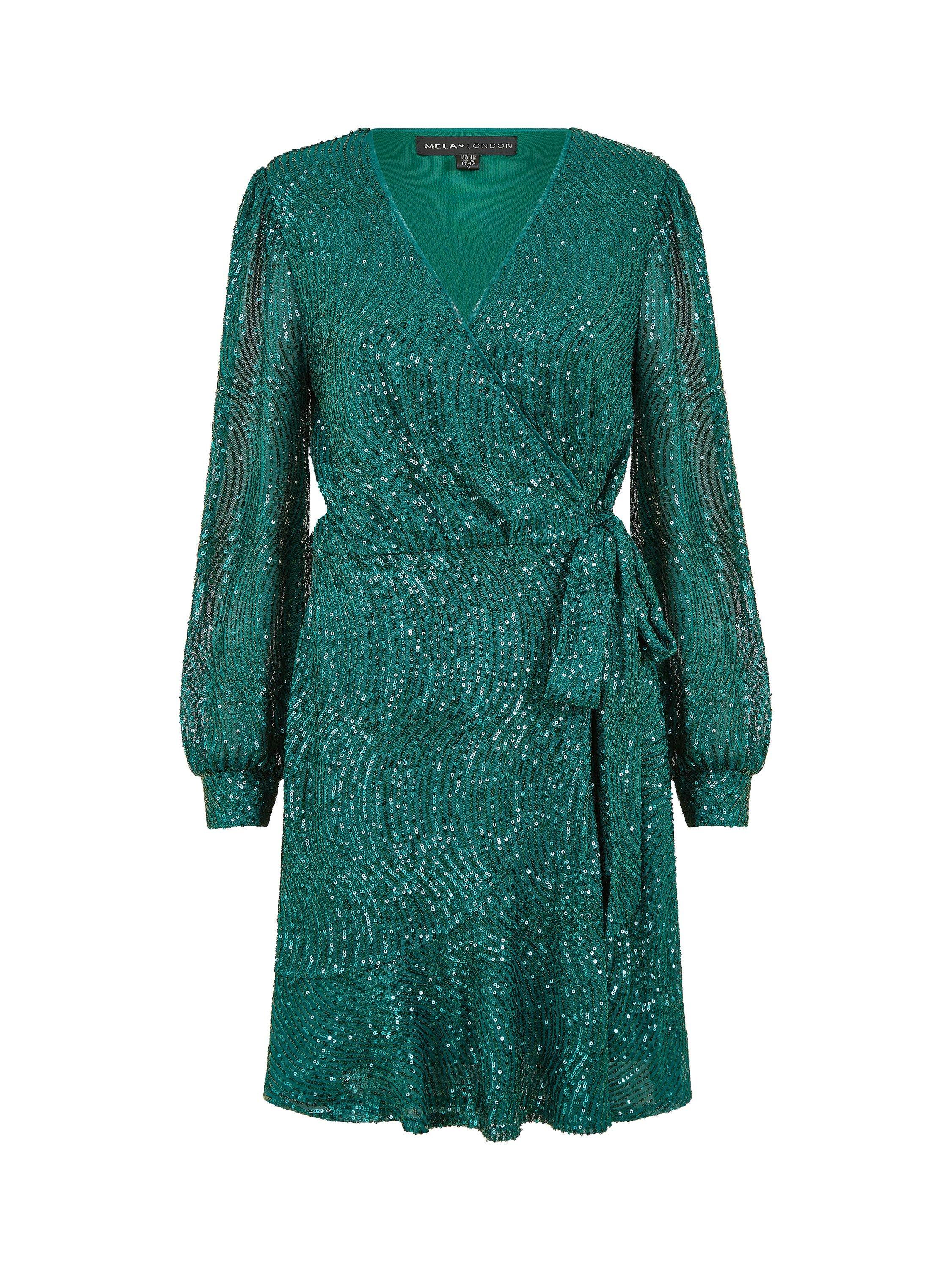 Product image 5 of 5, which shows Yumi Long Sleeve Sequin Wrap Dress, Green, 8