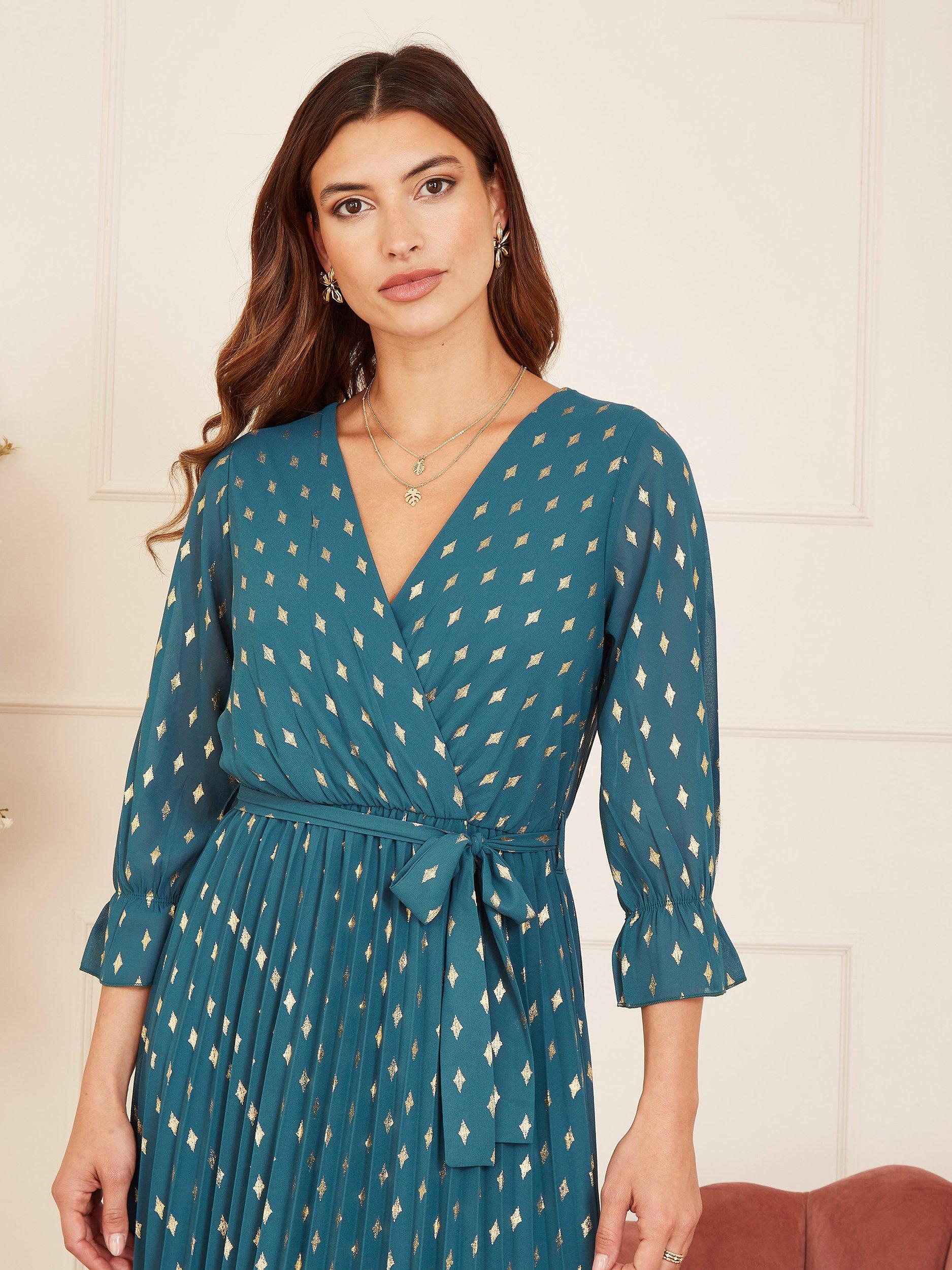 Product image 1 of 5, which shows Yumi Foil Print Pleated Wrap Dress, Teal, 8