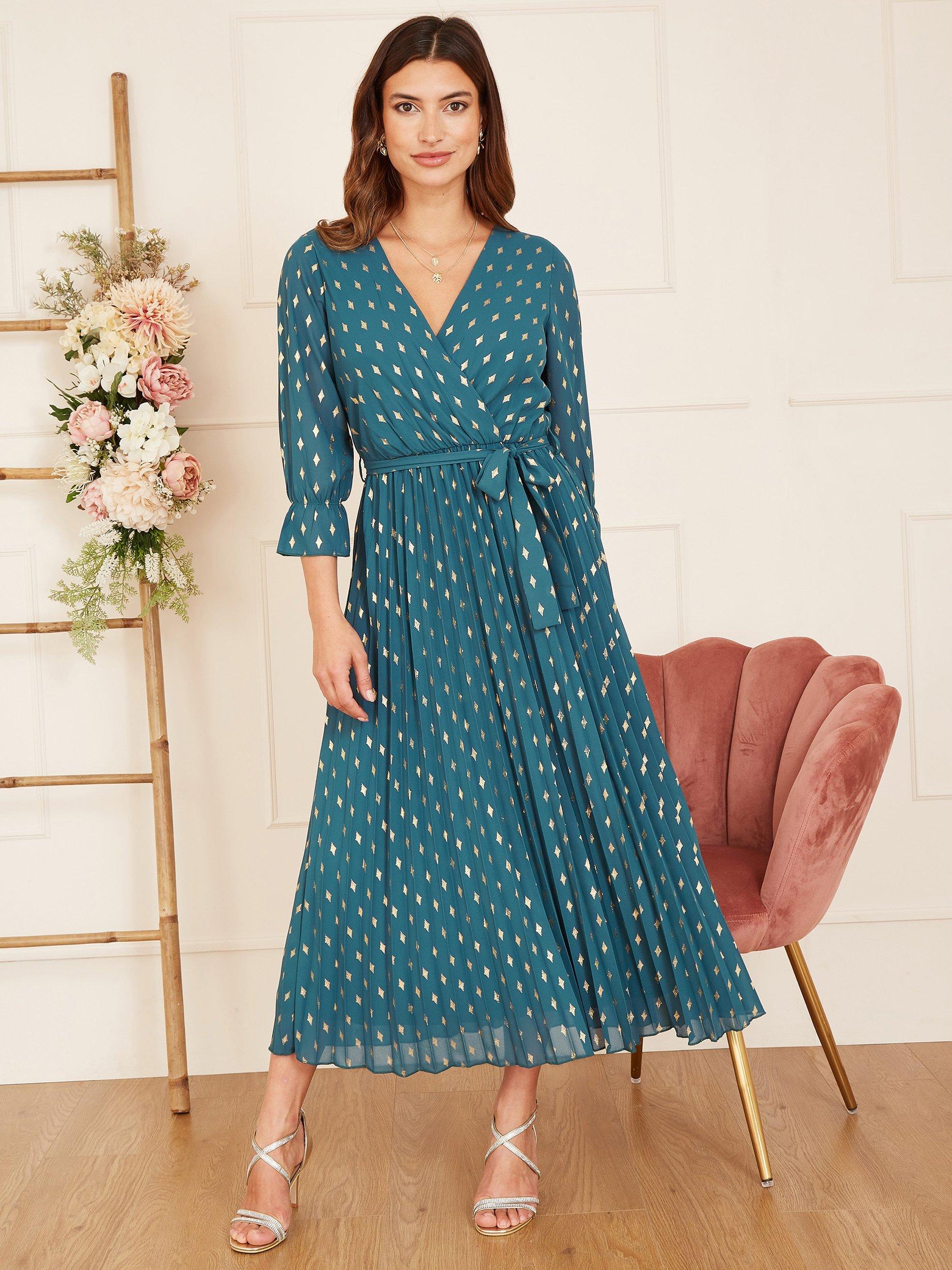 Product image 2 of 5, which shows Yumi Foil Print Pleated Wrap Dress, Teal, 8