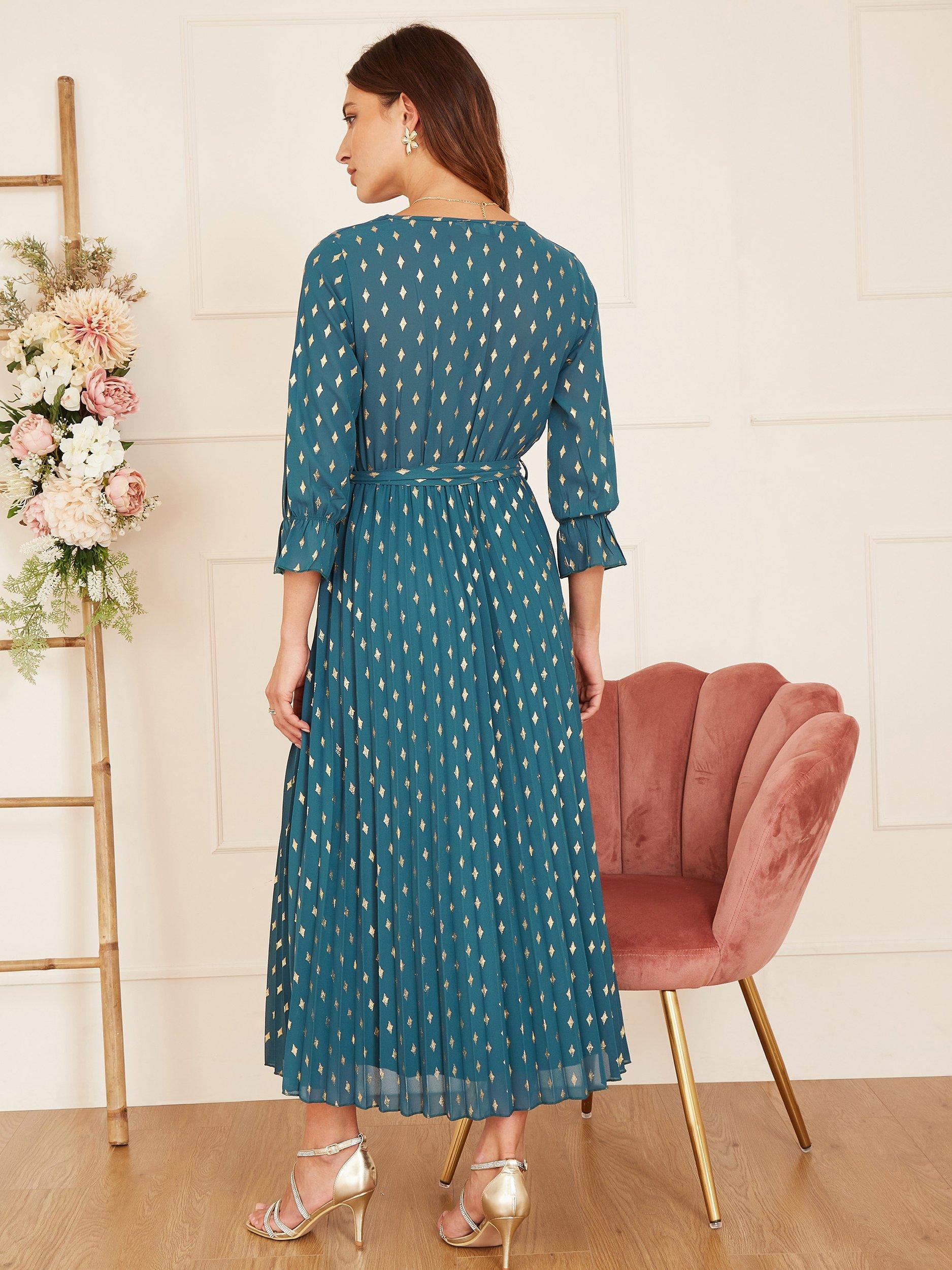 Product image 3 of 5, which shows Yumi Foil Print Pleated Wrap Dress, Teal, 8