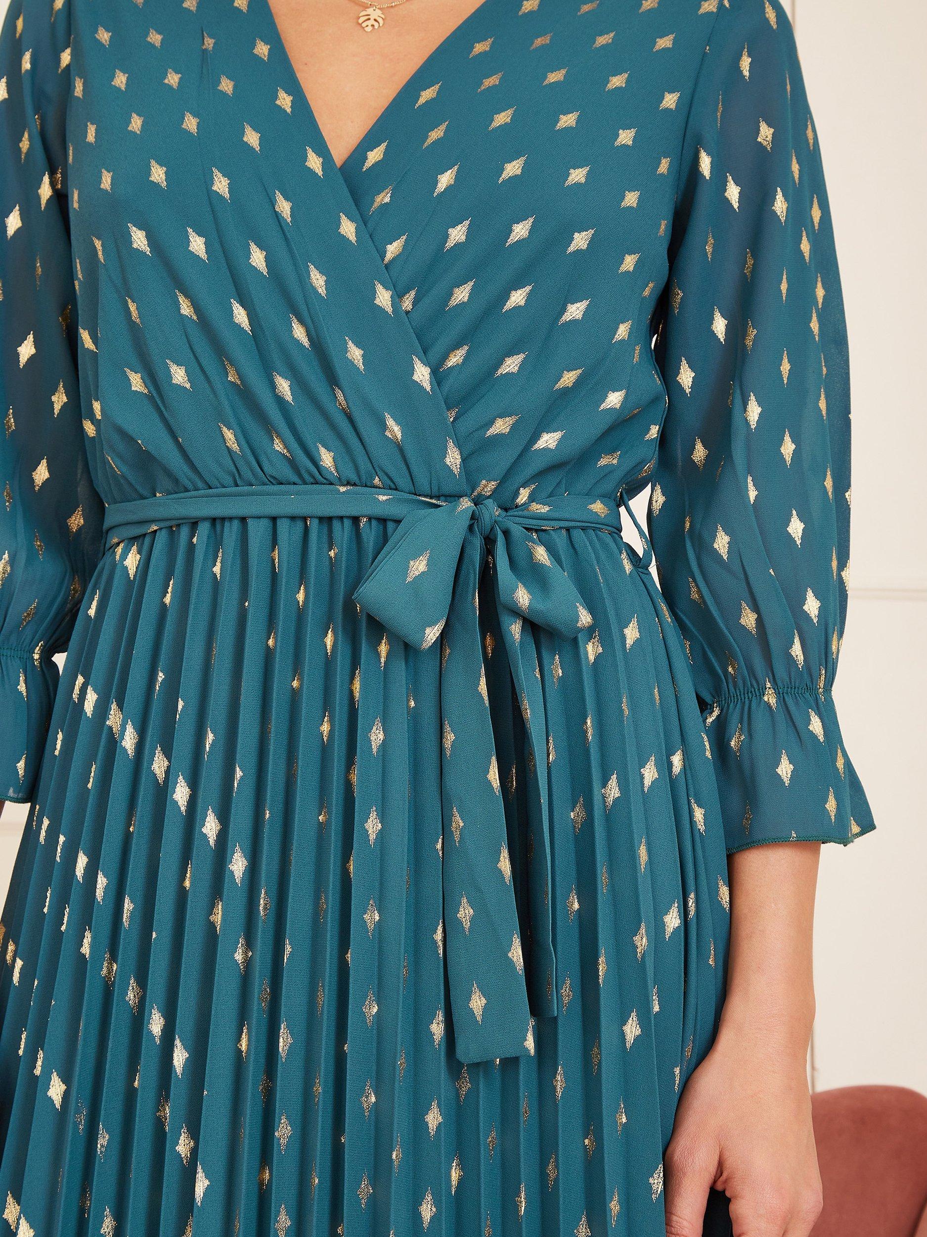 Product image 4 of 5, which shows Yumi Foil Print Pleated Wrap Dress, Teal, 8