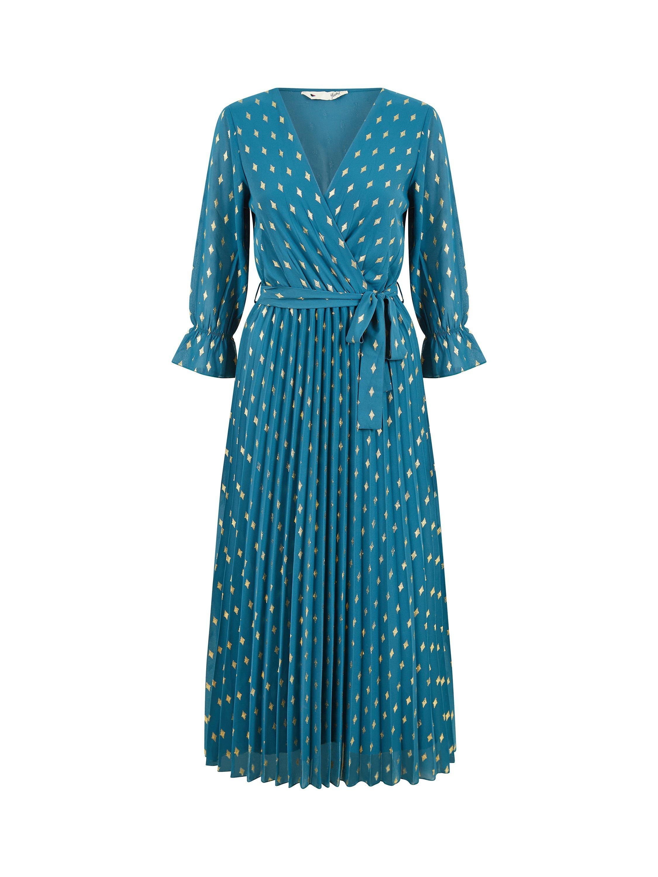 Product image 5 of 5, which shows Yumi Foil Print Pleated Wrap Dress, Teal, 8