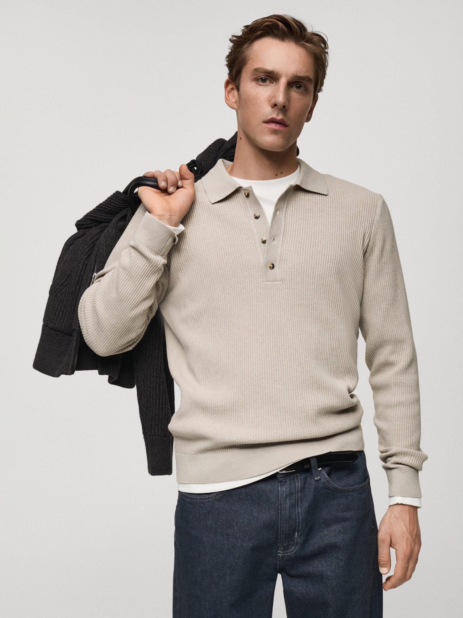 Product image 1 of 8, which shows Mango Antiguas Regular Fit Long Sleeve Polo Shirt, Light Beige, L