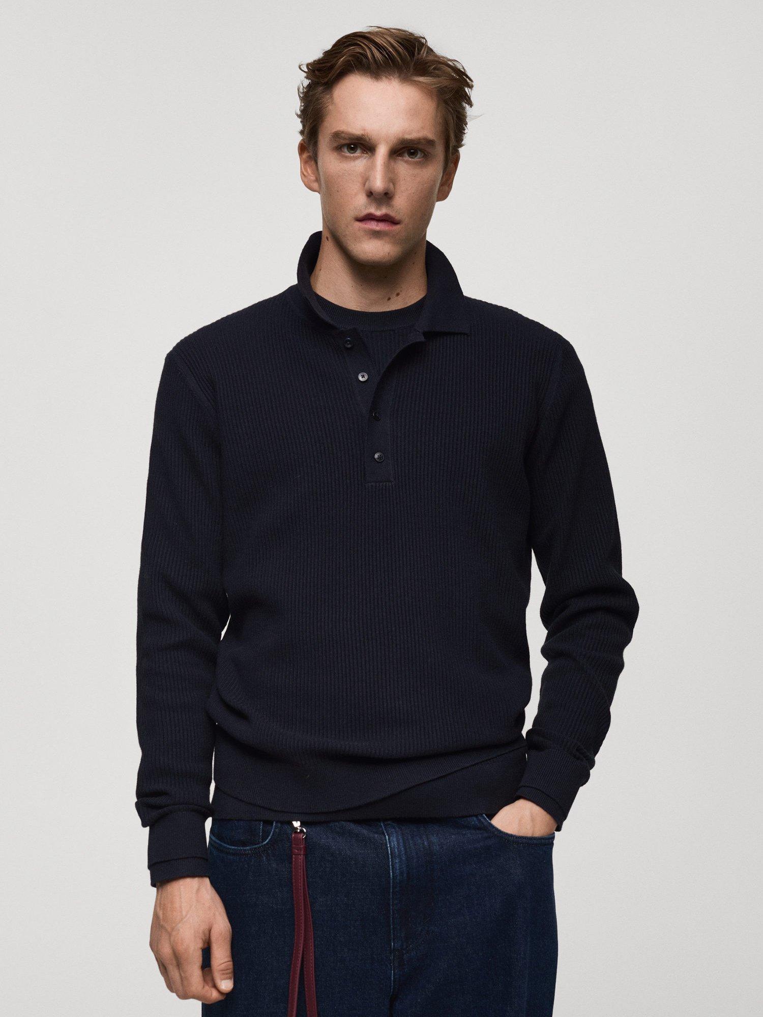Product image 1 of 8, which shows Mango Antiguas Regular Fit Long Sleeve Polo Shirt, Navy, XL