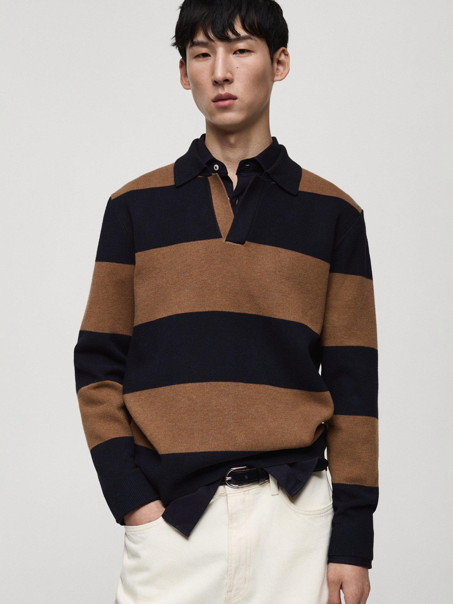 Product image 1 of 8, which shows Mango Gabriel Regular Fit Long Sleeve Polo Shirt, Navy/Brown, XXL