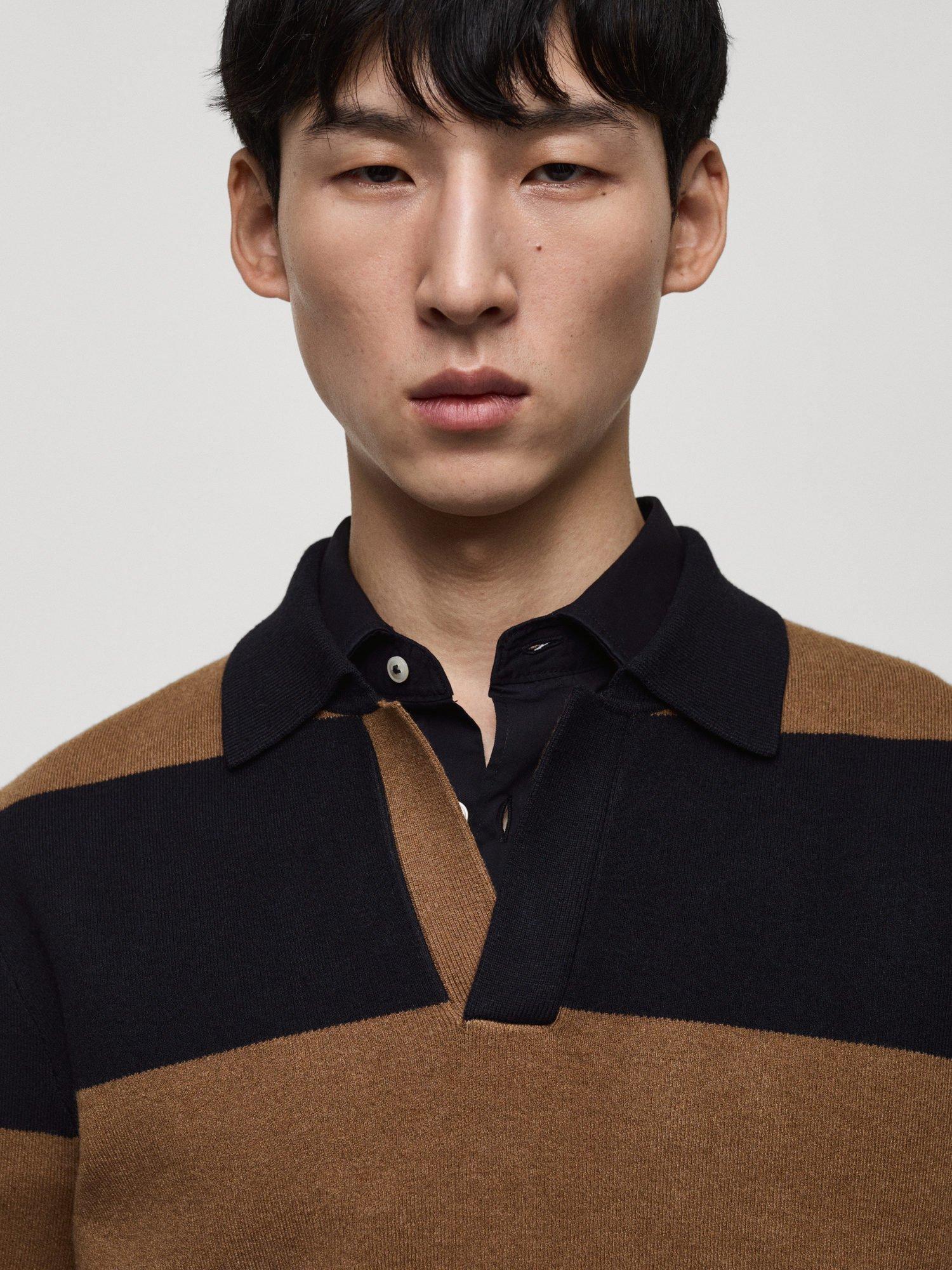 Product image 6 of 8, which shows Mango Gabriel Regular Fit Long Sleeve Polo Shirt, Navy/Brown, XXL