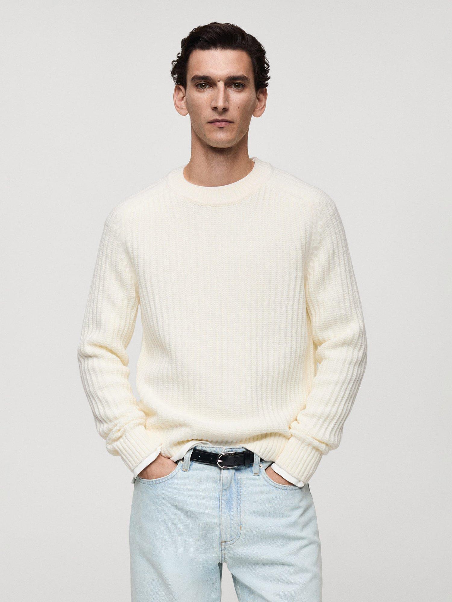 Product image 1 of 8, which shows Mango Wool Blend Ribbed Knit Jumper, Cream, S