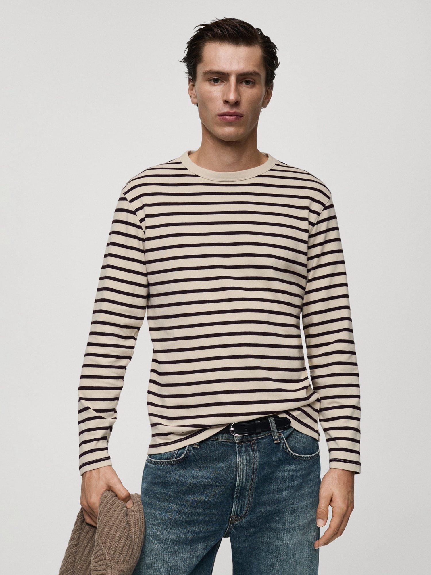 Product image 1 of 8, which shows Mango Marinier Cotton Regular Fit Long Sleeve Stripe T-Shirt, Dark Red/Multi, XS