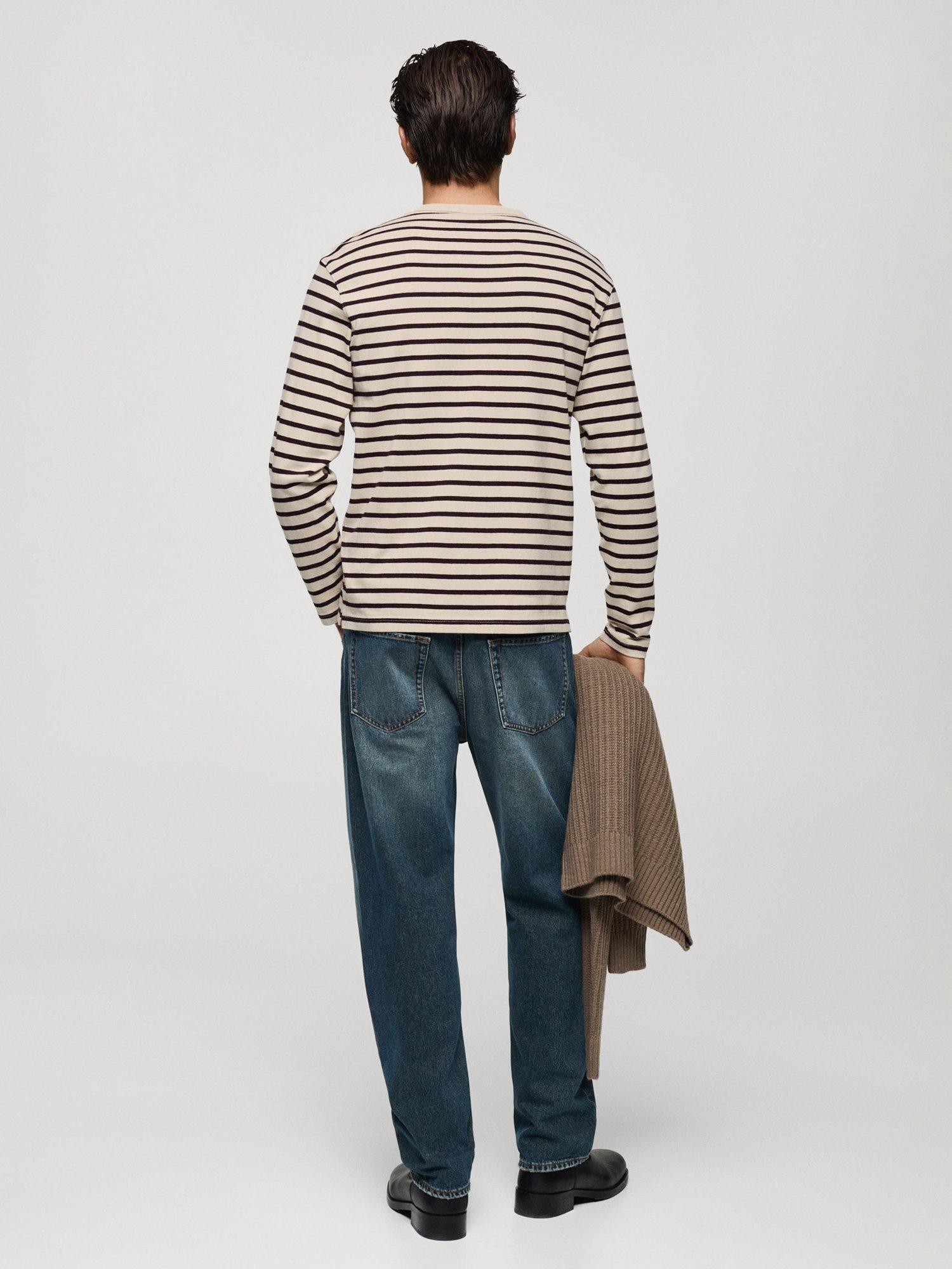 Product image 4 of 8, which shows Mango Marinier Cotton Regular Fit Long Sleeve Stripe T-Shirt, Dark Red/Multi, XS