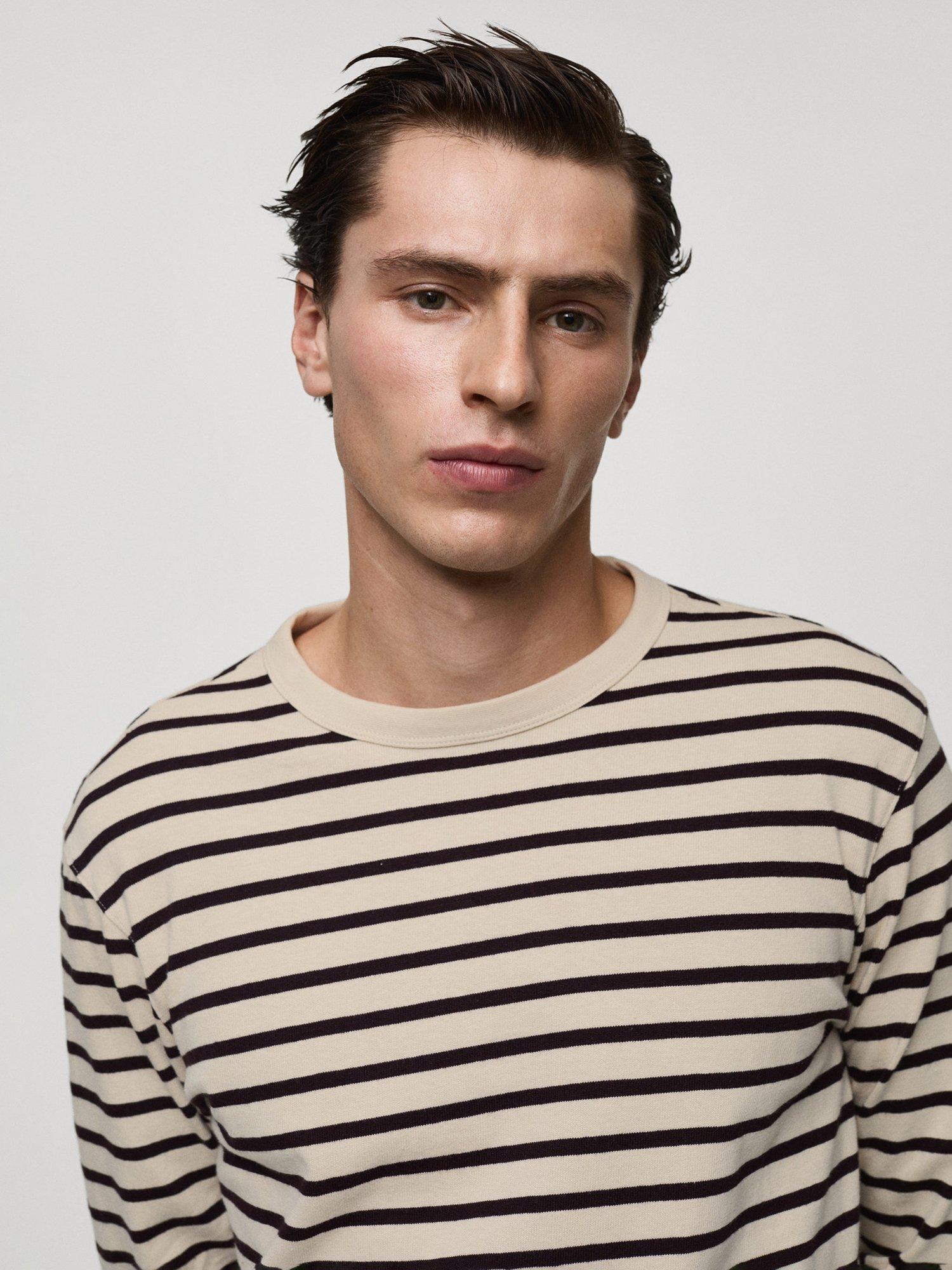 Product image 6 of 8, which shows Mango Marinier Cotton Regular Fit Long Sleeve Stripe T-Shirt, Dark Red/Multi, XS