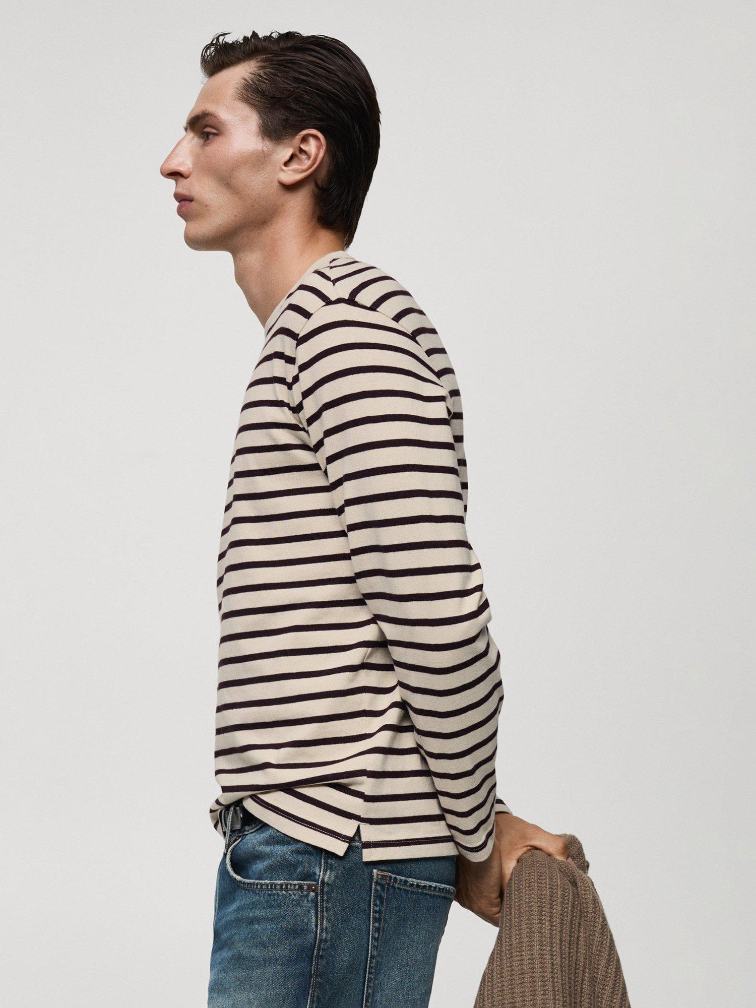 Product image 7 of 8, which shows Mango Marinier Cotton Regular Fit Long Sleeve Stripe T-Shirt, Dark Red/Multi, XS