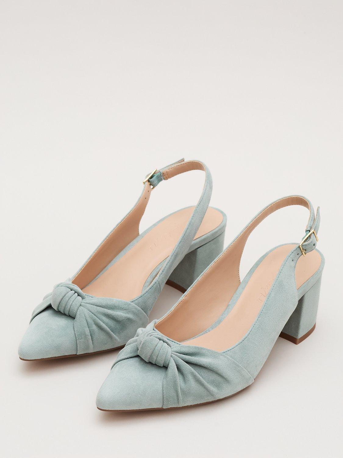 Product image 3 of 10, which shows Phase Eight Suede Knot Front Block Heel Slingback Court Shoes, Pale Green, 3