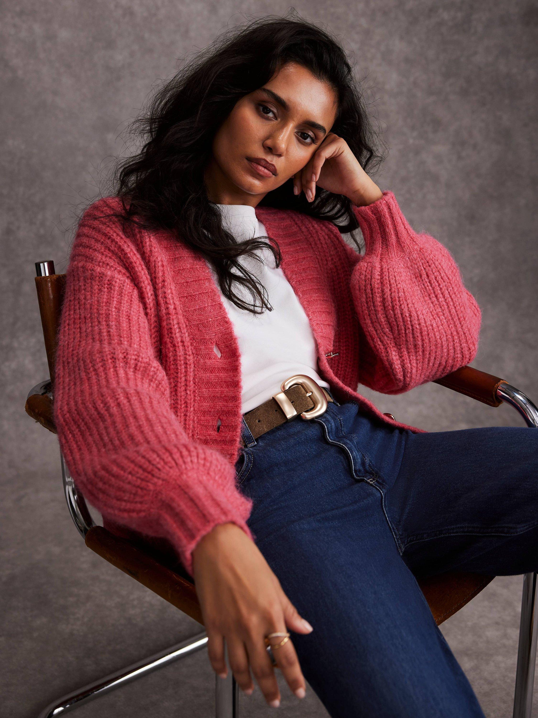 Product image 1 of 8, which shows Mint Velvet Balloon Sleeve Wool Blend Cardigan, Pink, XS