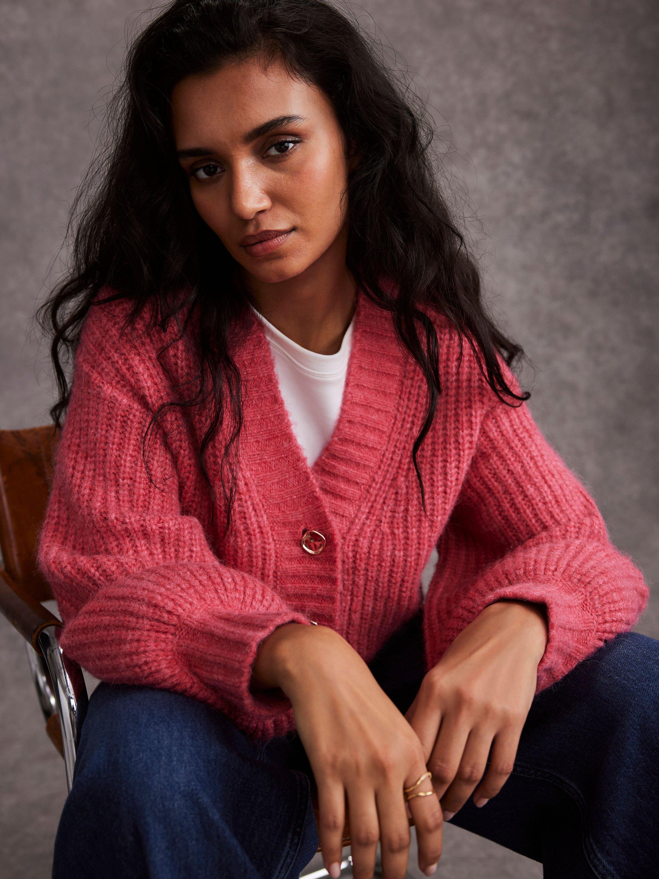 Product image 2 of 8, which shows Mint Velvet Balloon Sleeve Wool Blend Cardigan, Pink, XS