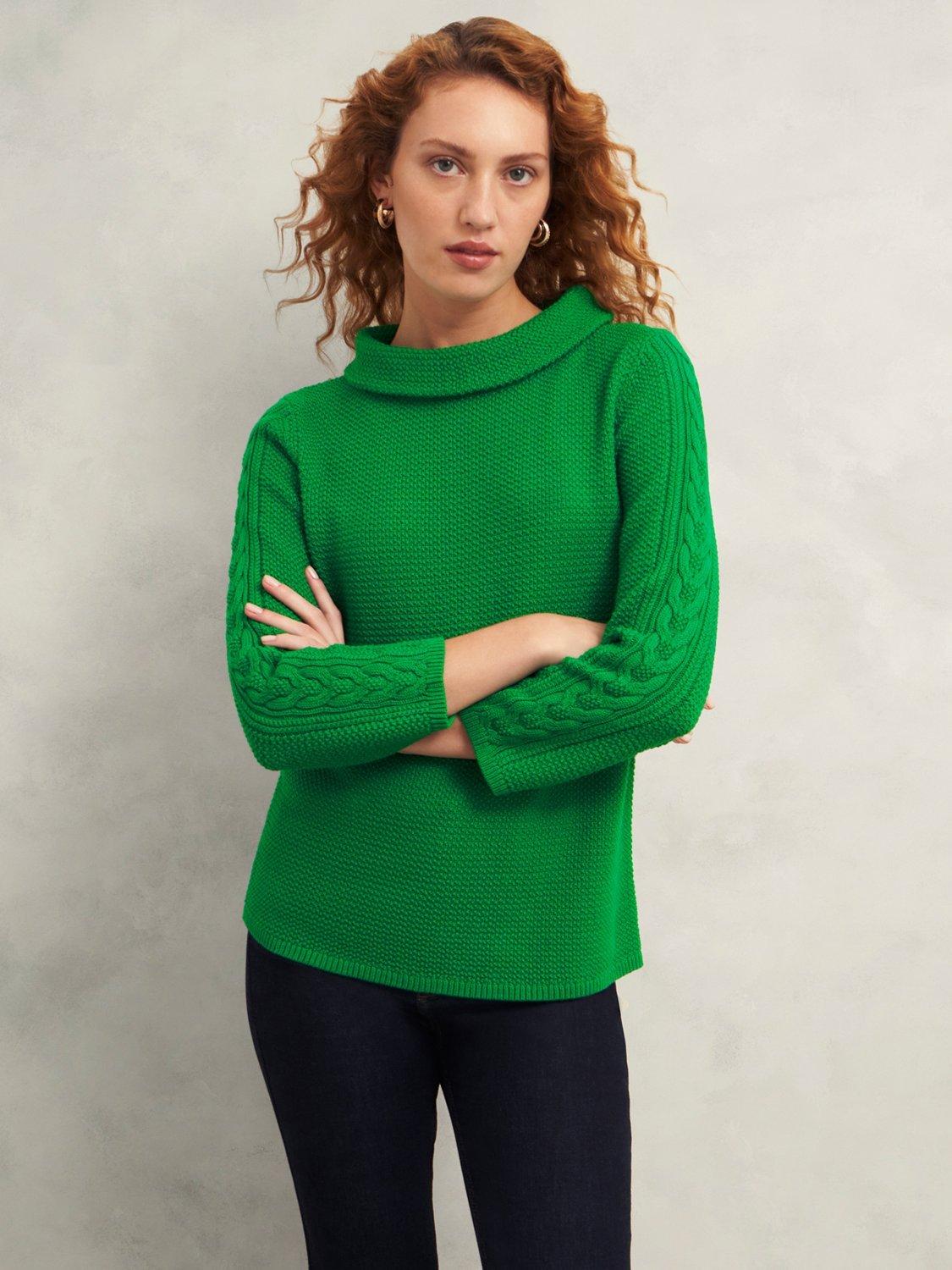 Product image 1 of 5, which shows Hobbs Camilla Cable Knit Sleeve Jumper, Green, S