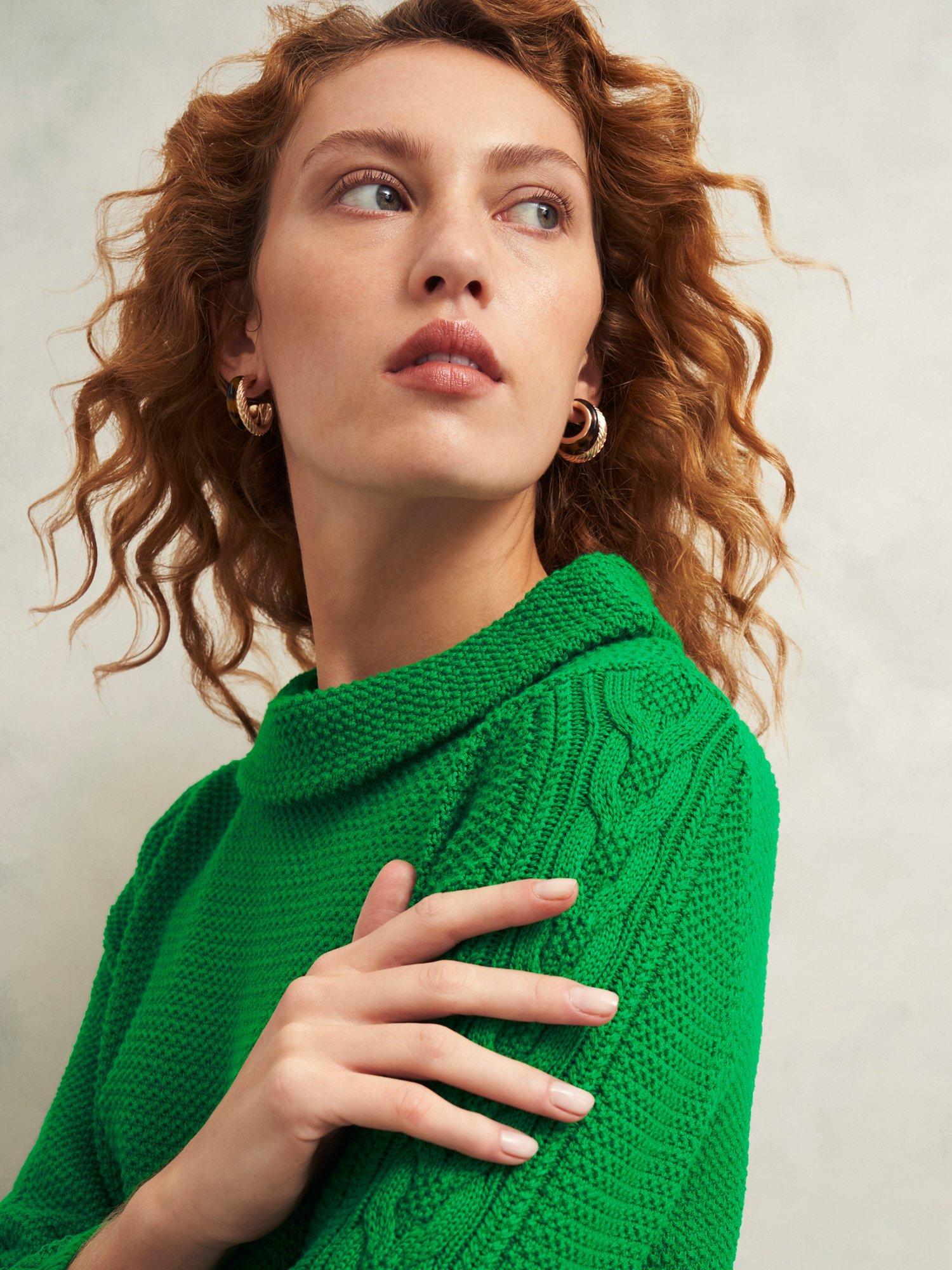 Product image 3 of 5, which shows Hobbs Camilla Cable Knit Sleeve Jumper, Green, S