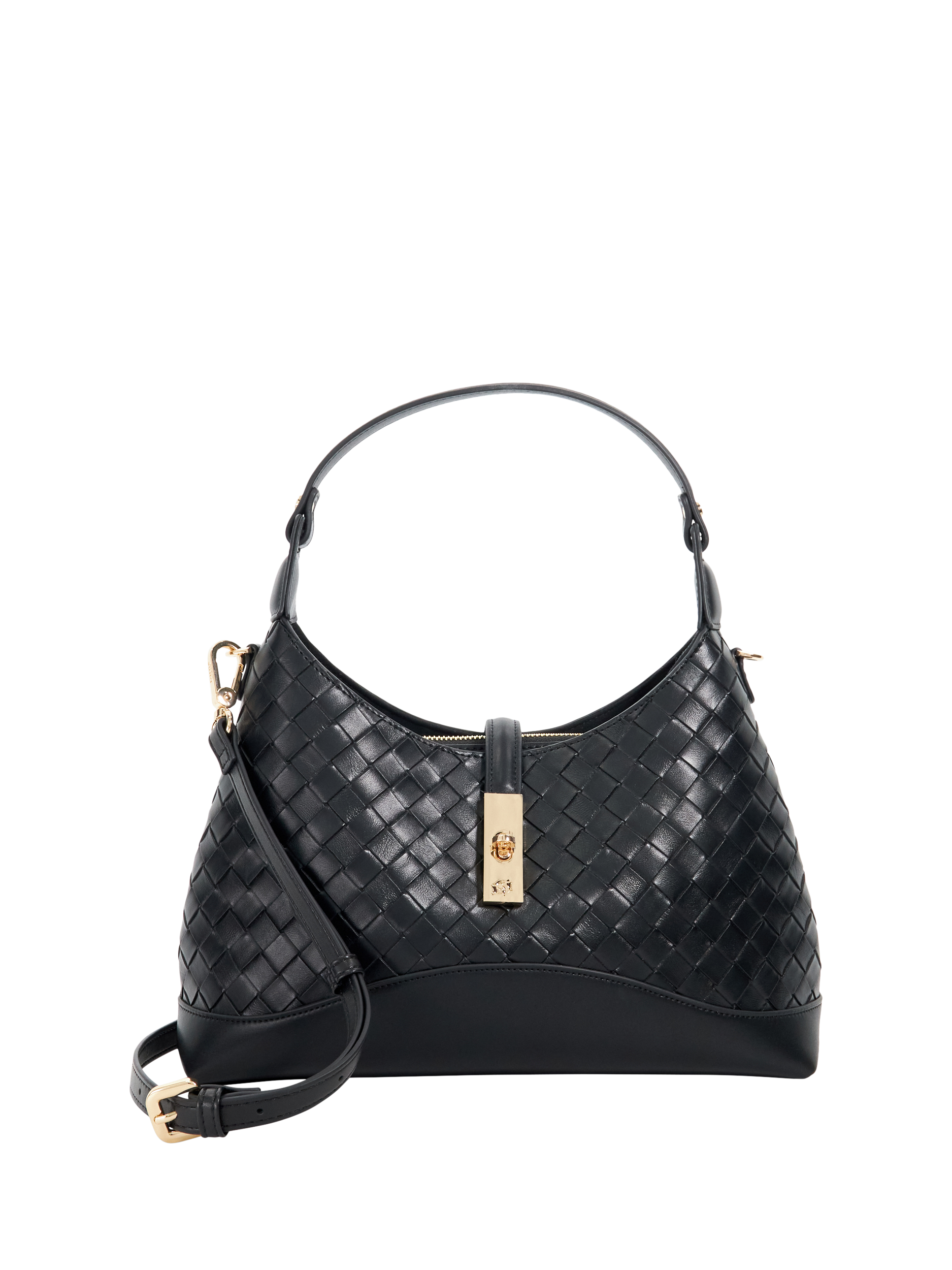 Product image 1 of 5, which shows Dune London Dorset Woven Leather Shoulder Bag, Black