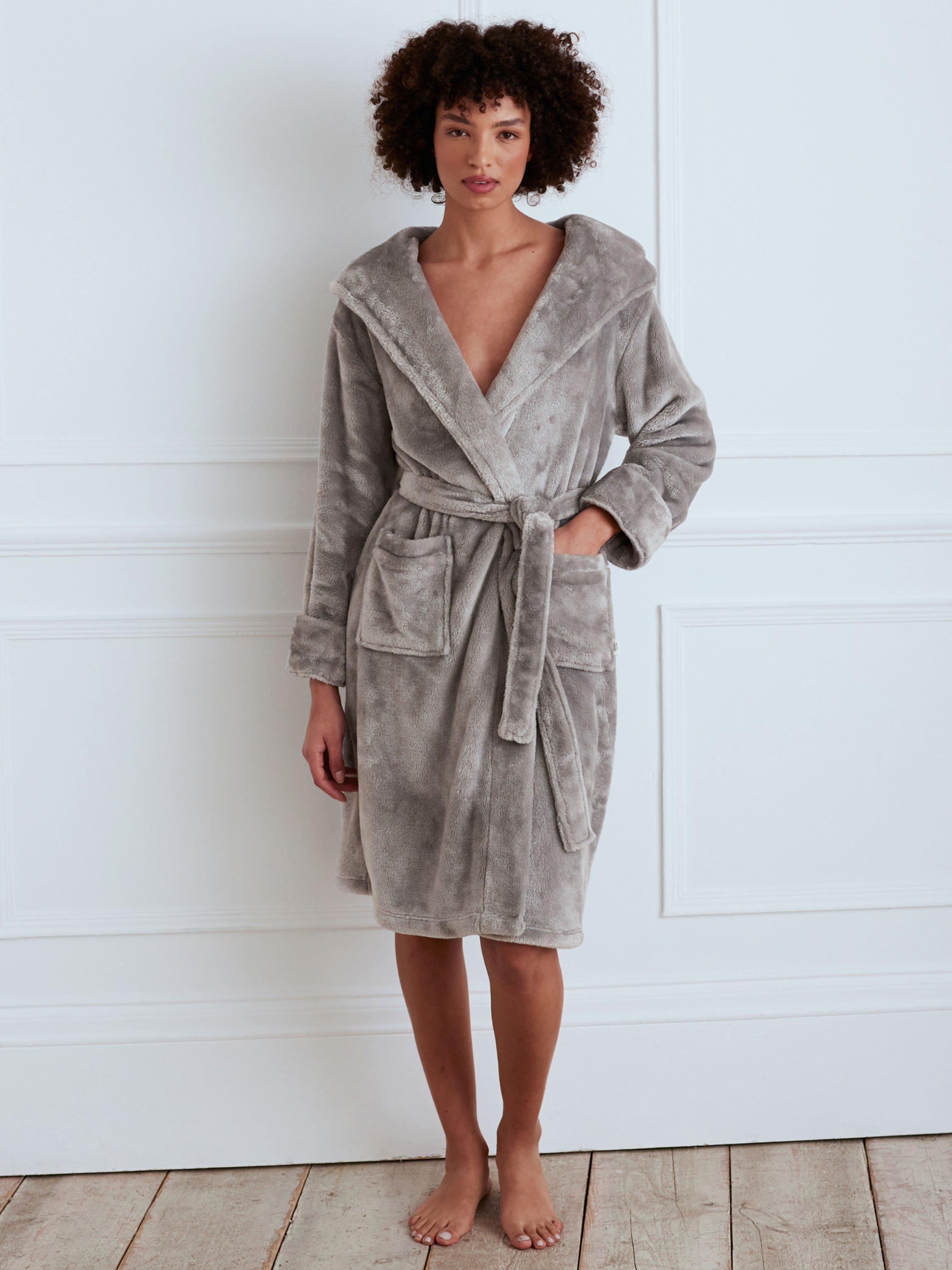 Product image 1 of 4, which shows Chelsea Peers Fleece Hooded Dressing Gown, Charcoal,6