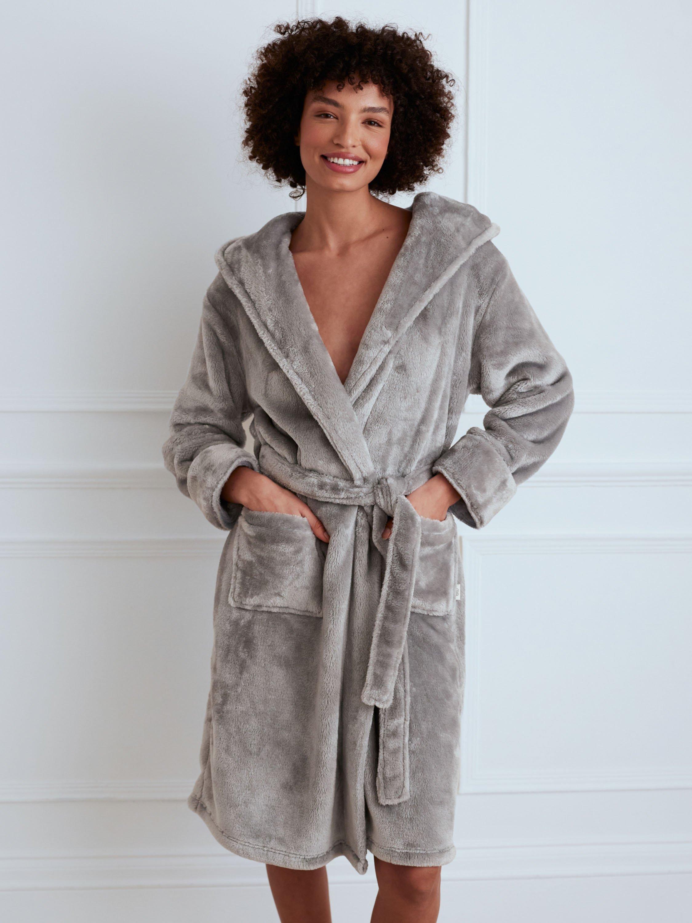 Product image 2 of 4, which shows Chelsea Peers Fleece Hooded Dressing Gown, Charcoal,6