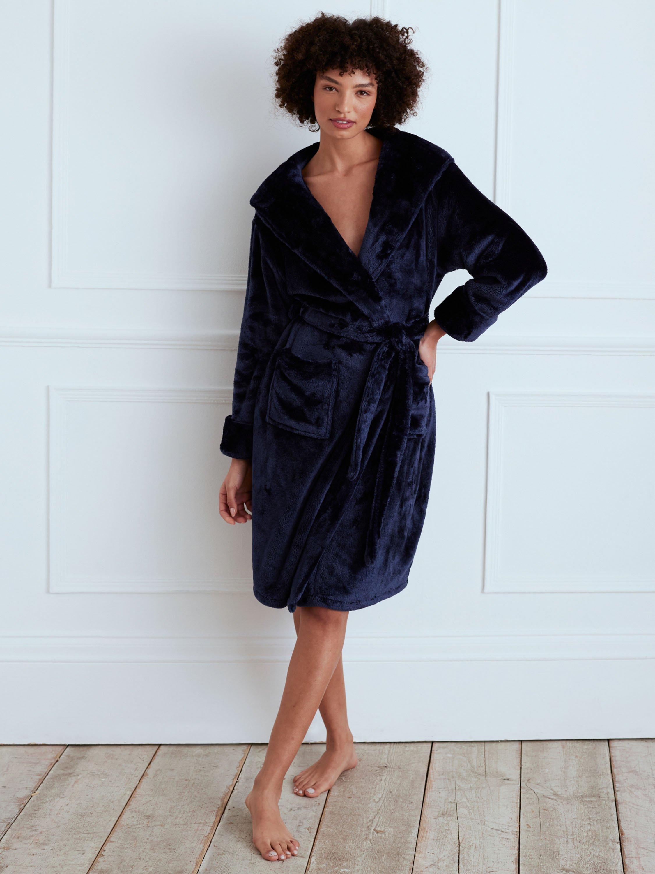 Product image 1 of 4, which shows Chelsea Peers Fleece Hooded Dressing Gown, Navy, 6