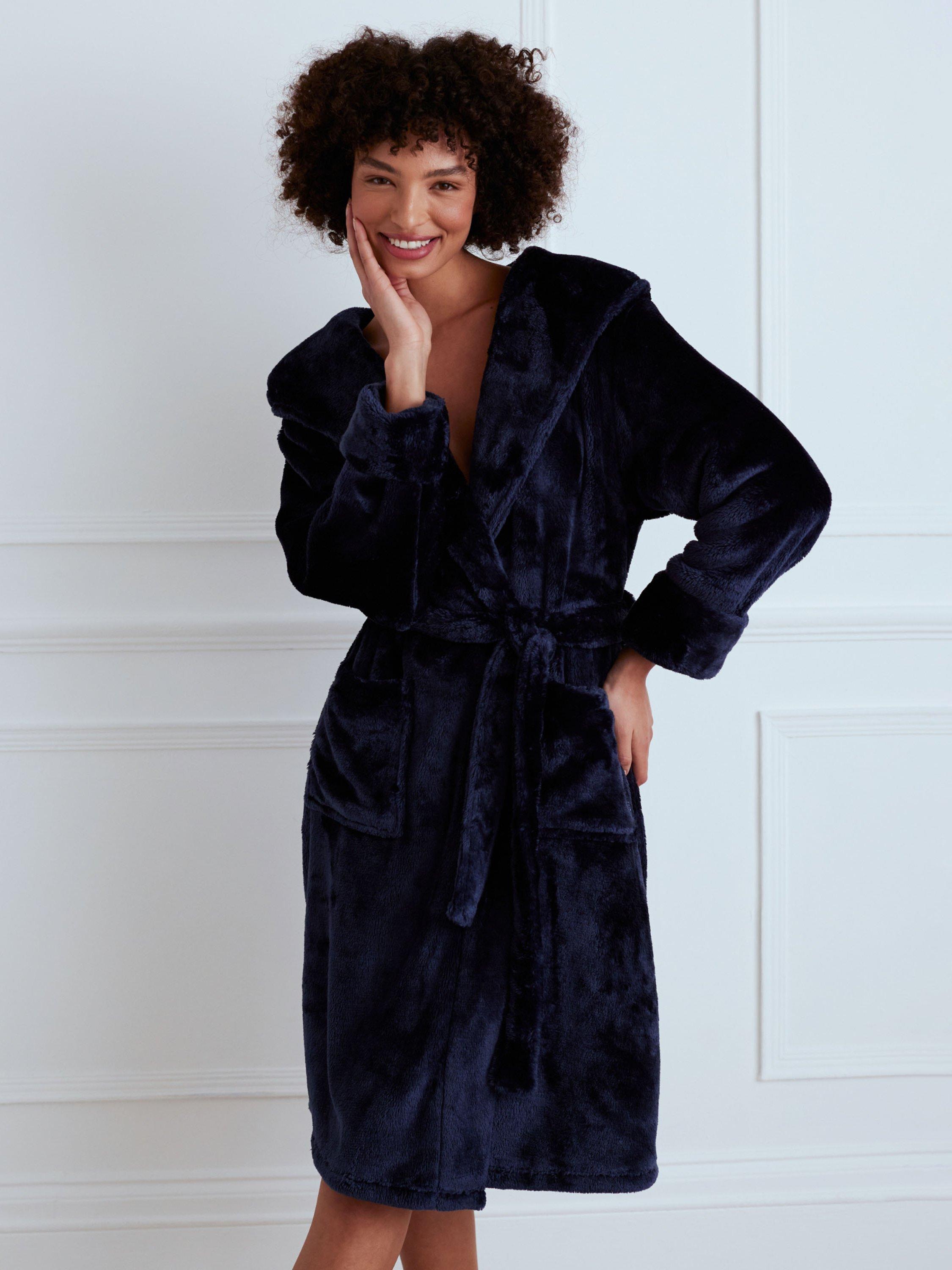 Product image 2 of 4, which shows Chelsea Peers Fleece Hooded Dressing Gown, Navy, 6