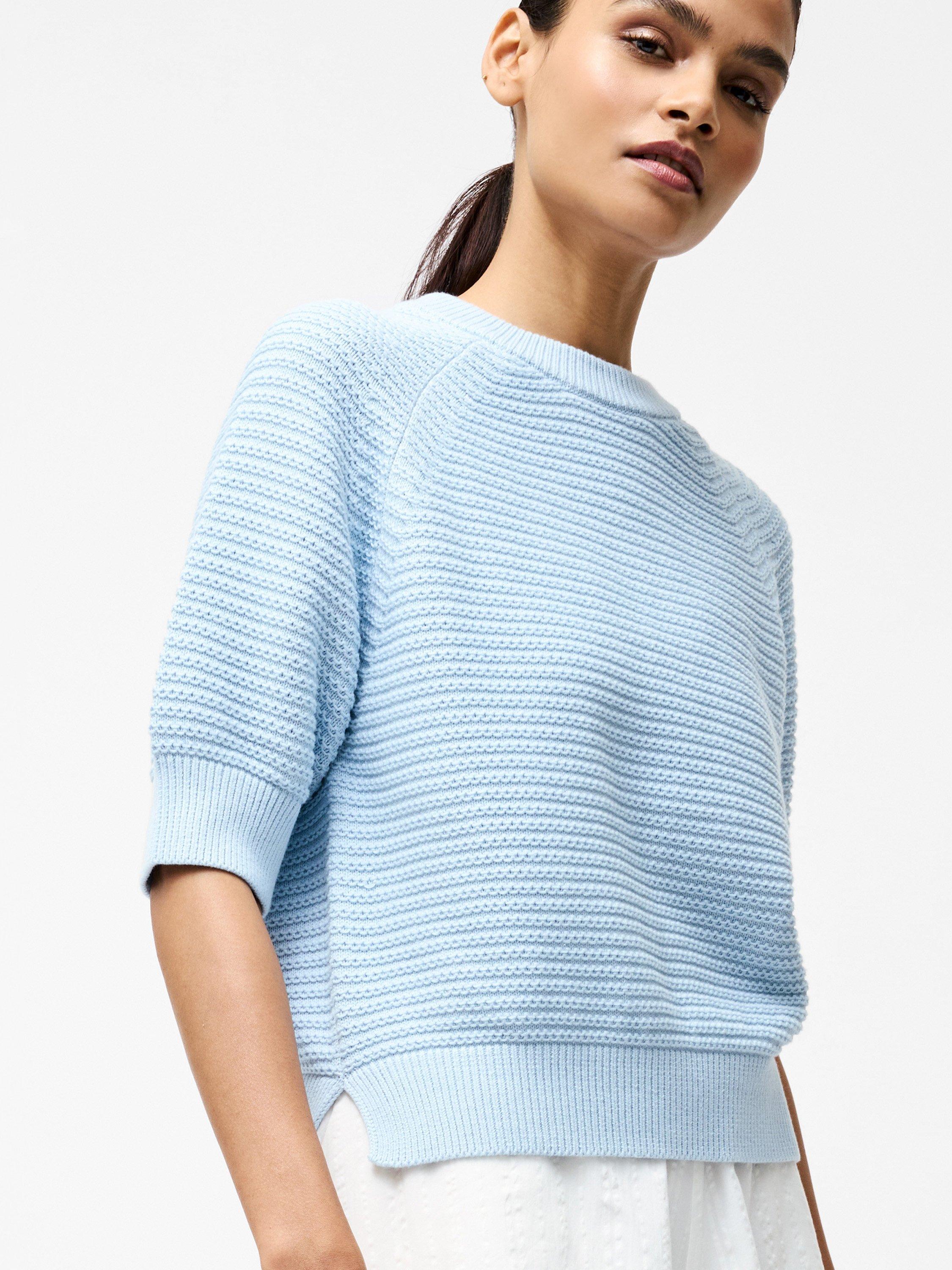Product image 4 of 5, which shows French Connection Lily Lily High Neck Short Sleeve Jumper, Sky Blue, M