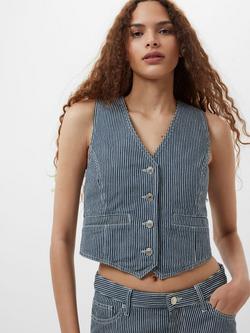 French Connection Everett Stripe Waistcoat, Indigo/White Denim, Indigo/White Denim