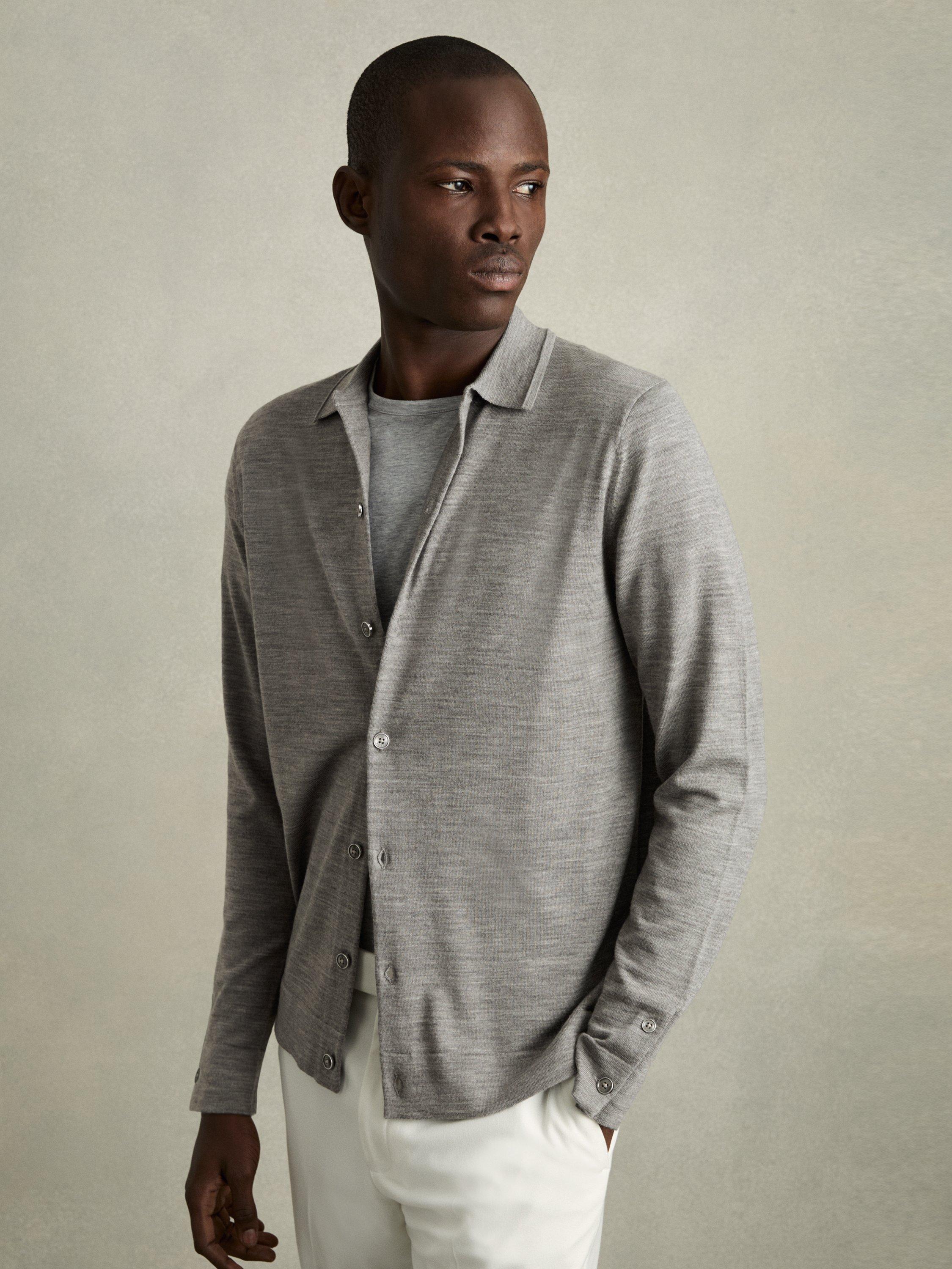 Reiss Forbes Wool Knitted Shirt, Warm Grey Melange