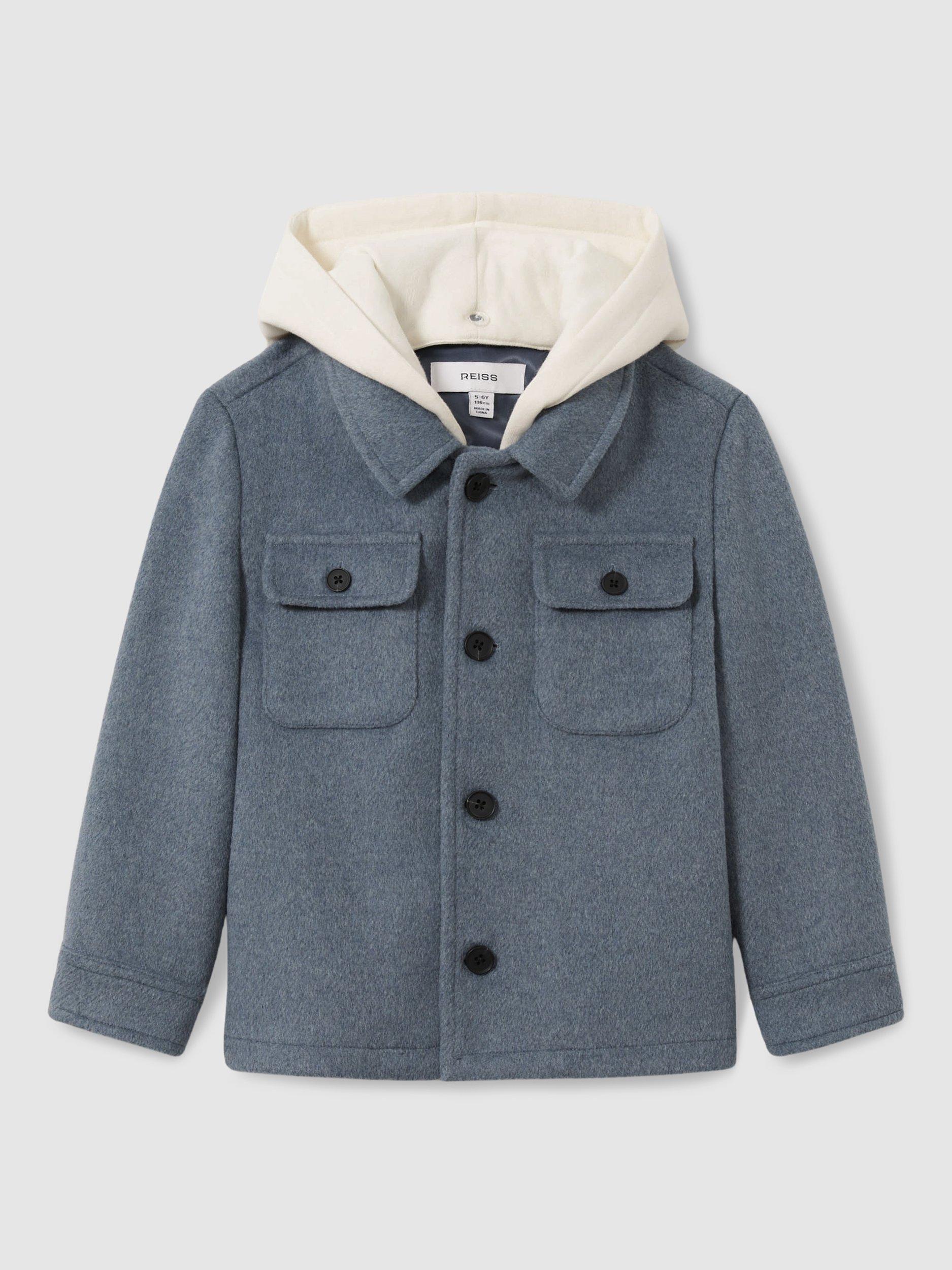 Reiss Kids' Liam Removable-Hood Brushed Twill Overshirt, Airforce Blue