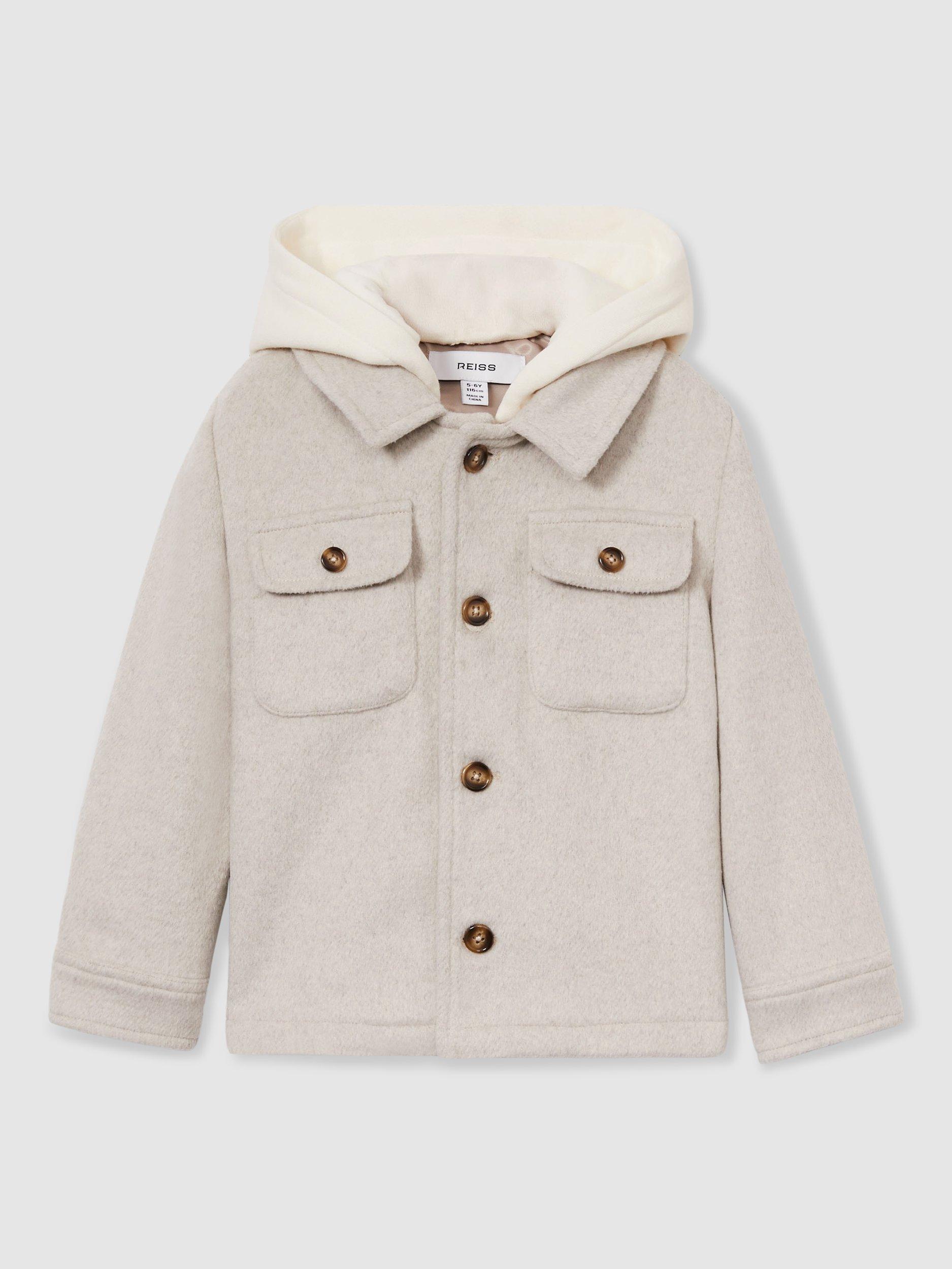 Product image 1 of 4, which shows Reiss Kids' Liam Removable-Hood Brushed Twill Overshirt, Stone, 5-6 years