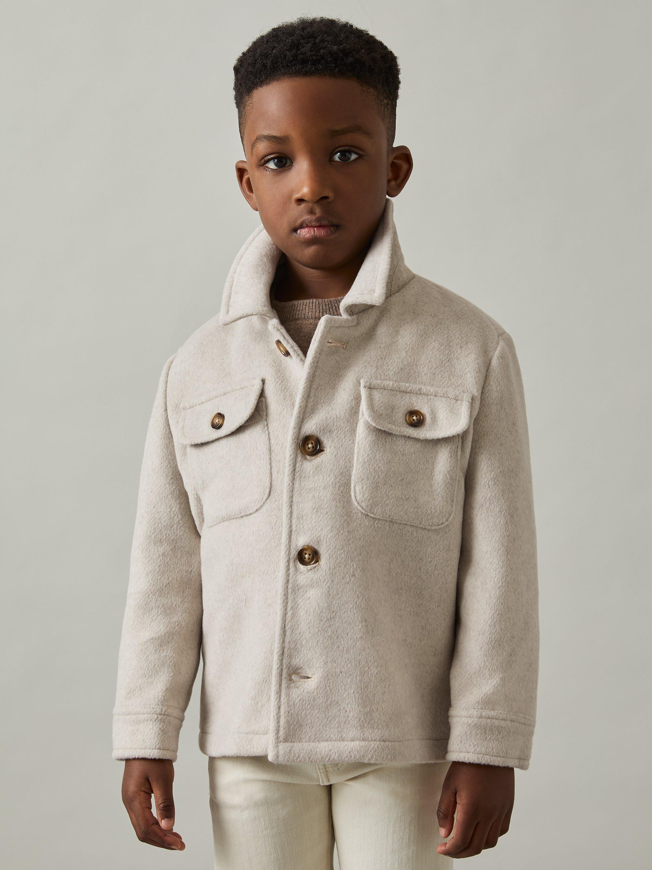 Product image 2 of 4, which shows Reiss Kids' Liam Removable-Hood Brushed Twill Overshirt, Stone, 5-6 years