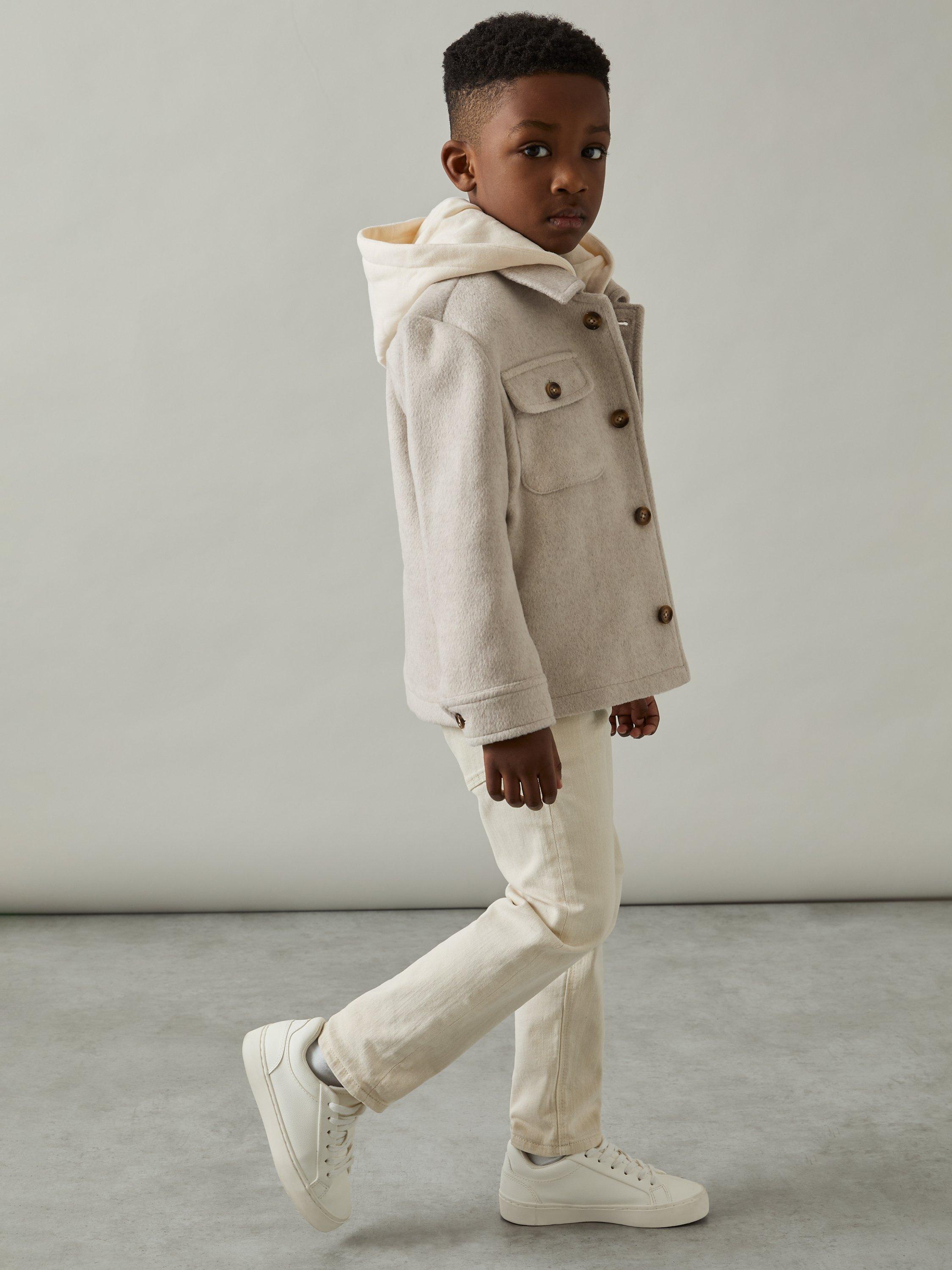 Product image 3 of 4, which shows Reiss Kids' Liam Removable-Hood Brushed Twill Overshirt, Stone, 5-6 years