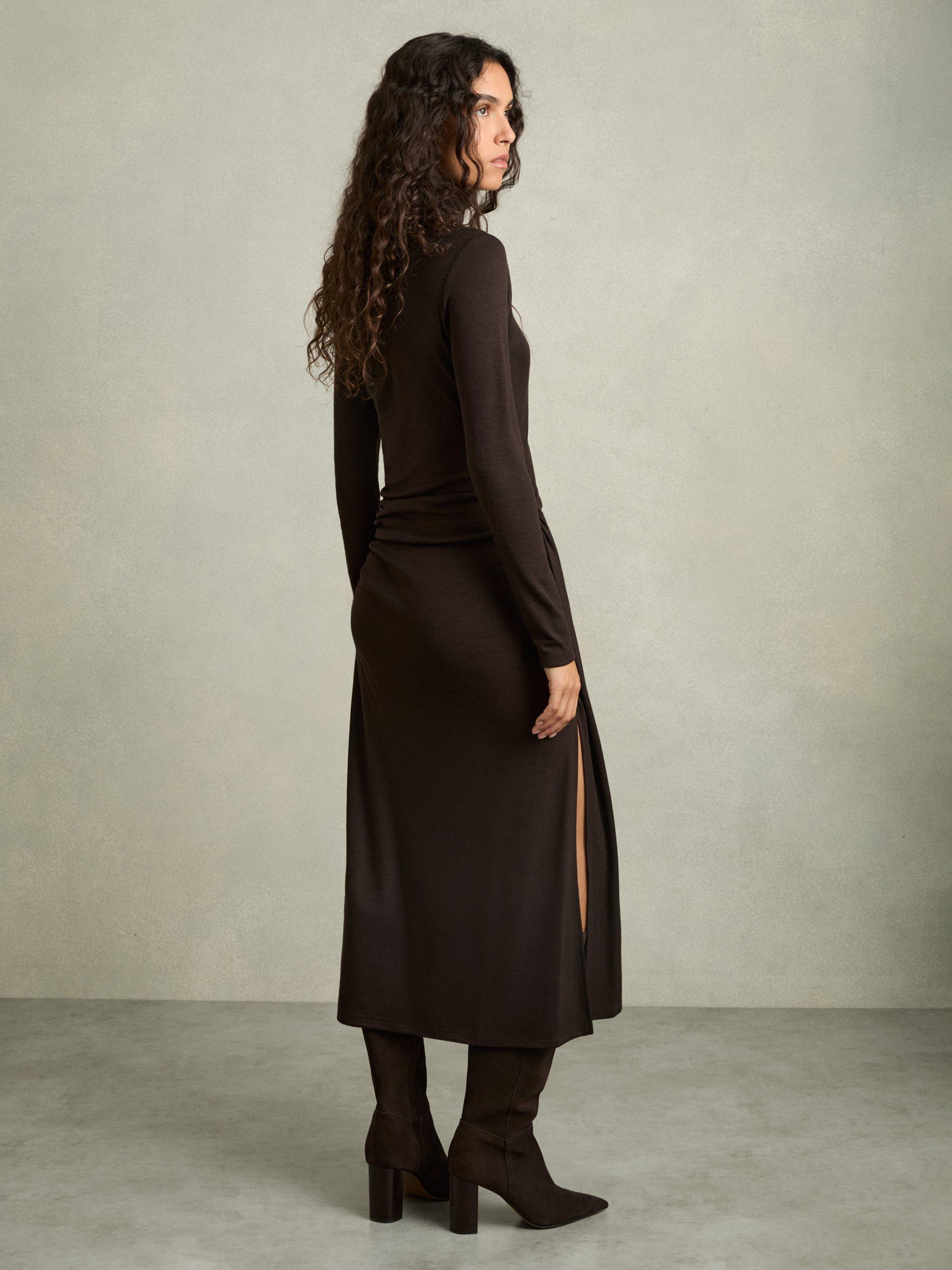 Product image 2 of 5, which shows Reiss Nile Jersey Midi Dress, Brown, XS