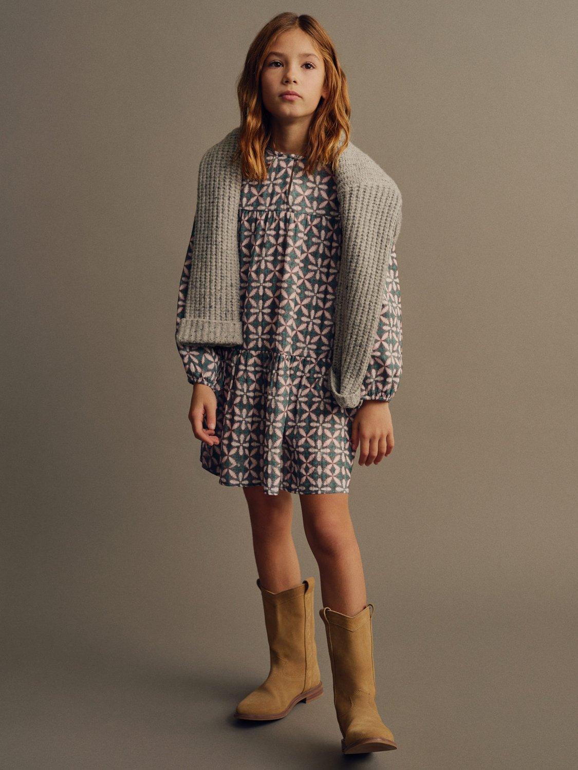 Mango Kids' Estrella Geometric Ruffle Dress, Green/Multi