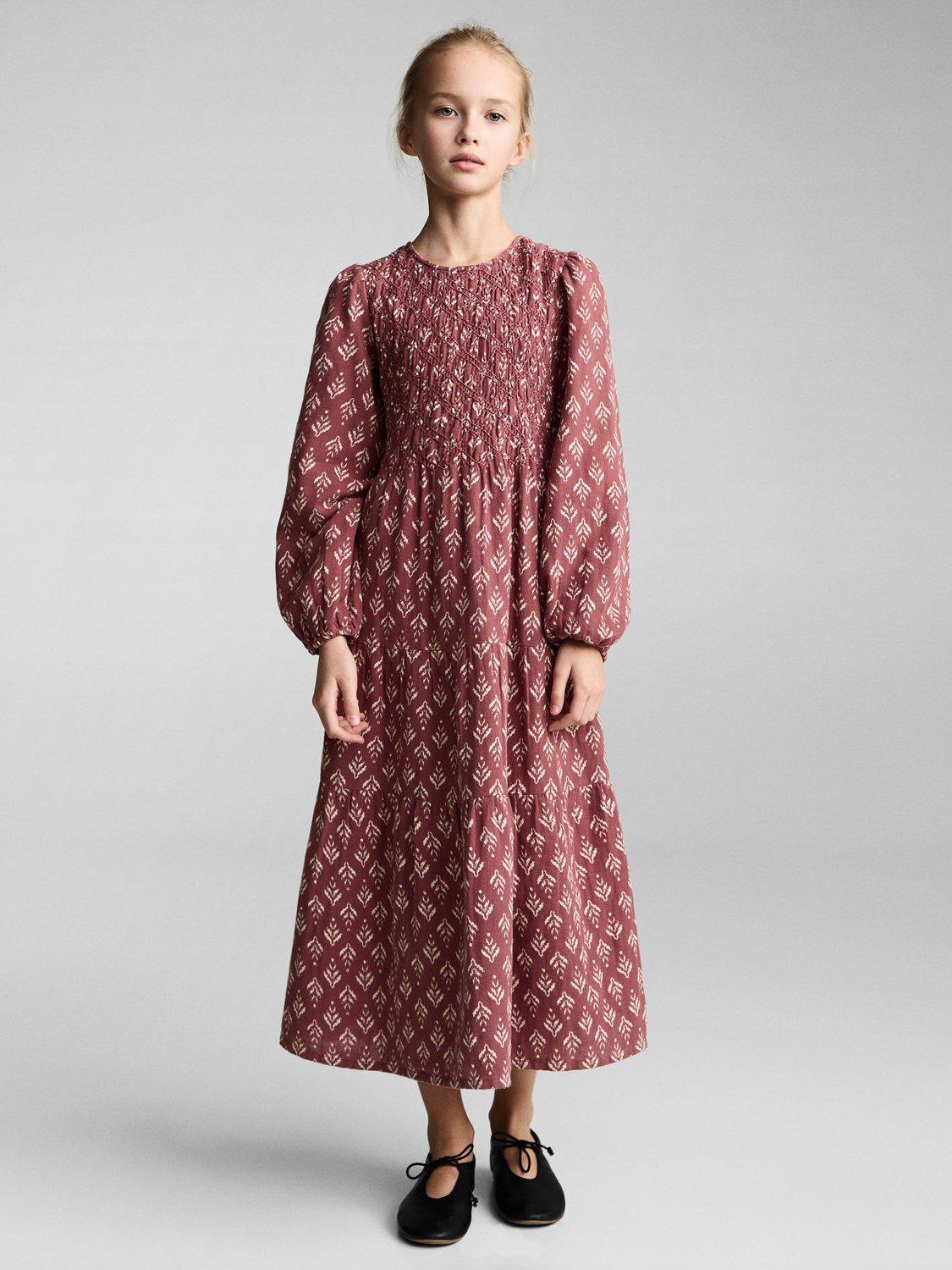 Product image 1 of 7, which shows Mango Kids' Pepita Shirred Long Sleeve Flared Dress, Dark Red/Multi, 13-14 years