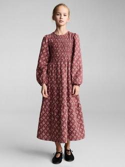 Mango Kids' Pepita Shirred Long Sleeve Flared Dress, Dark Red/Multi, Dark Red/Multi