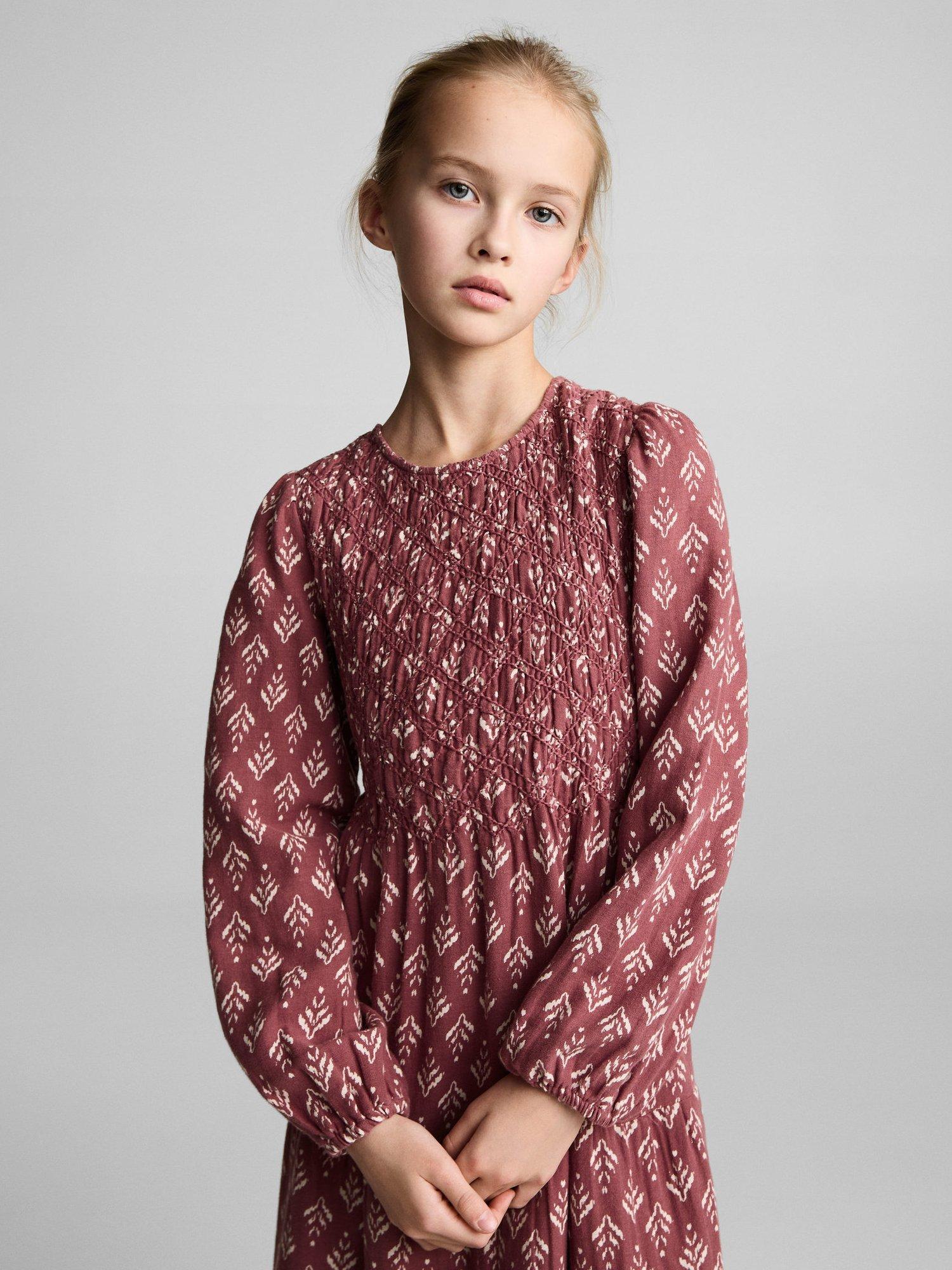 Product image 2 of 7, which shows Mango Kids' Pepita Shirred Long Sleeve Flared Dress, Dark Red/Multi, 13-14 years