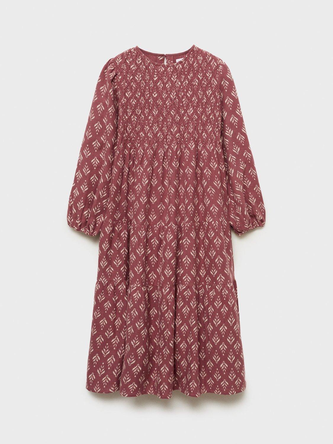 Product image 3 of 7, which shows Mango Kids' Pepita Shirred Long Sleeve Flared Dress, Dark Red/Multi, 13-14 years