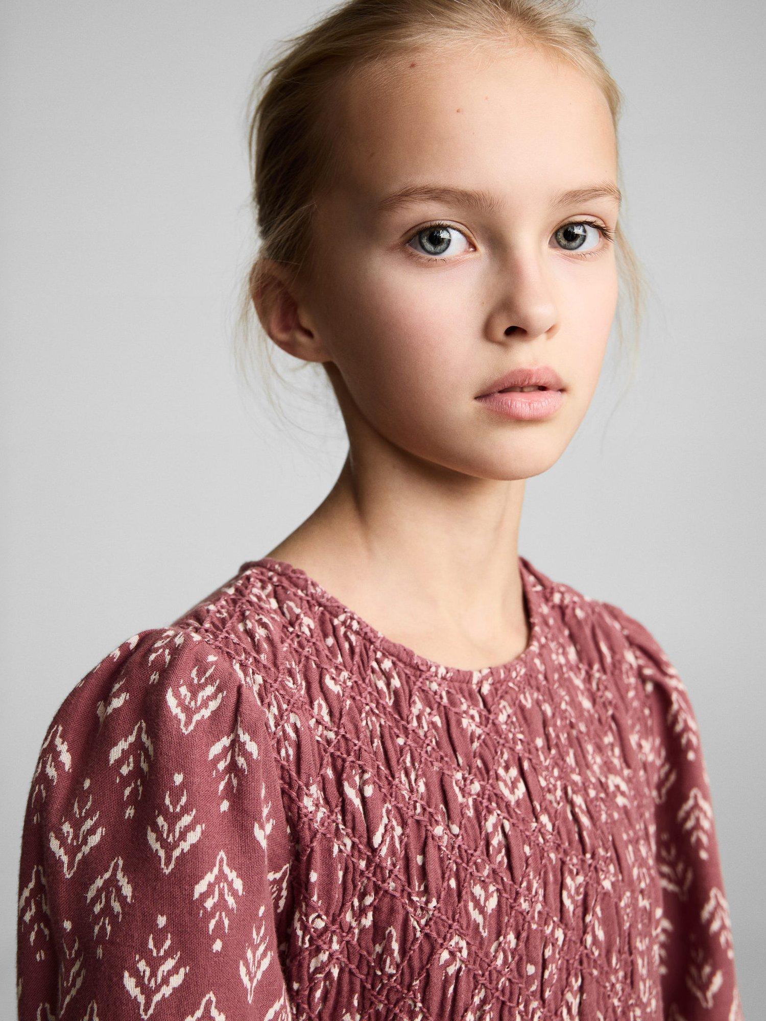 Product image 6 of 7, which shows Mango Kids' Pepita Shirred Long Sleeve Flared Dress, Dark Red/Multi, 13-14 years