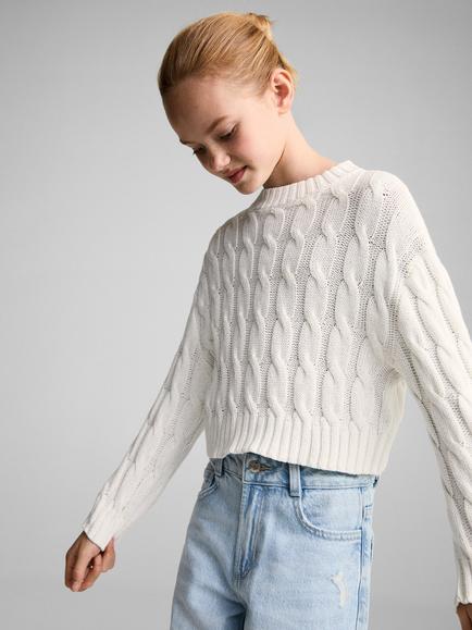 Mango Kids' Carli Cable Knit Jumper, Light Beige