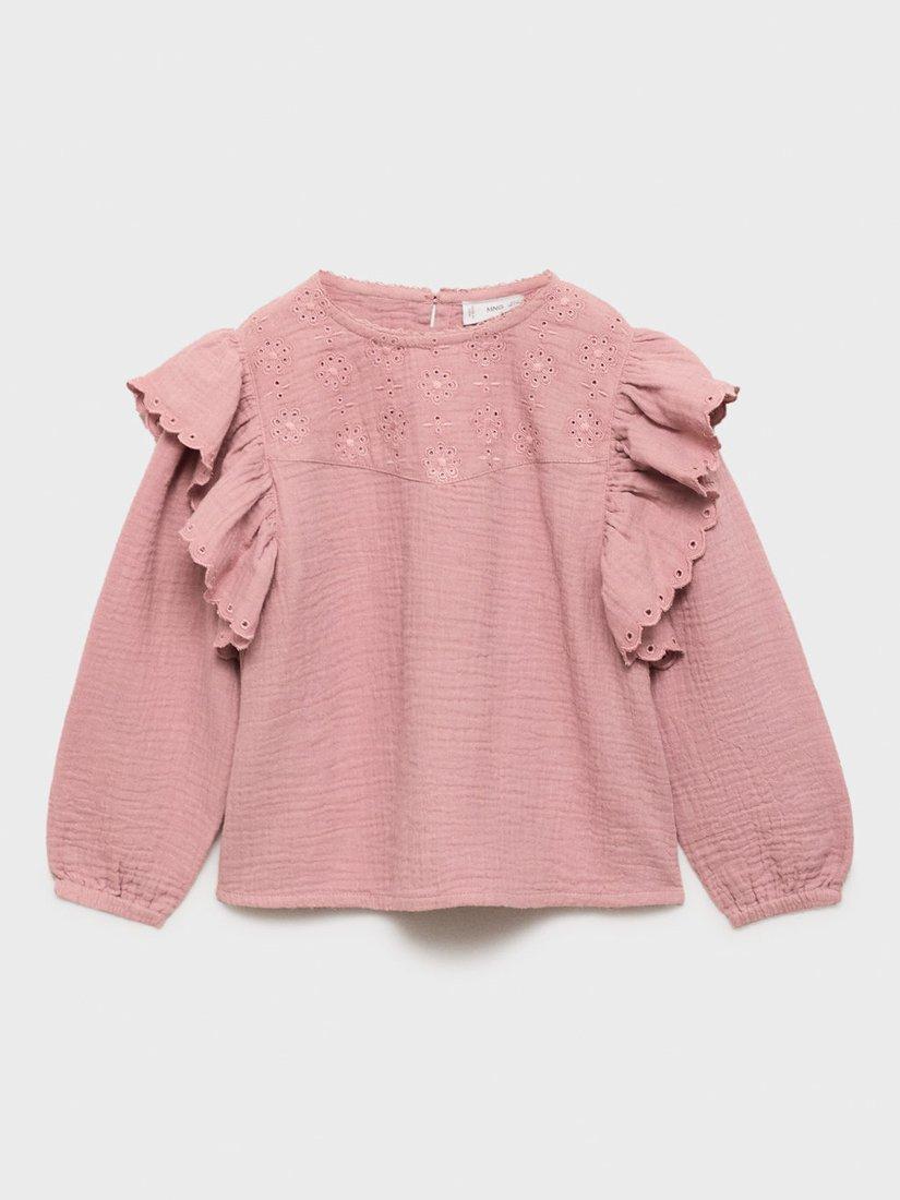 Product image 2 of 6, which shows Mango Kids' Pinky Cotton Ruffle Detail Blouse, Pink, 12-18 months