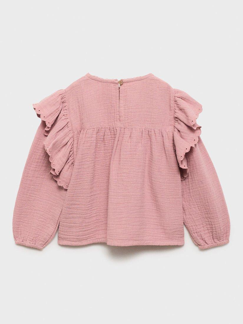 Product image 3 of 6, which shows Mango Kids' Pinky Cotton Ruffle Detail Blouse, Pink, 12-18 months