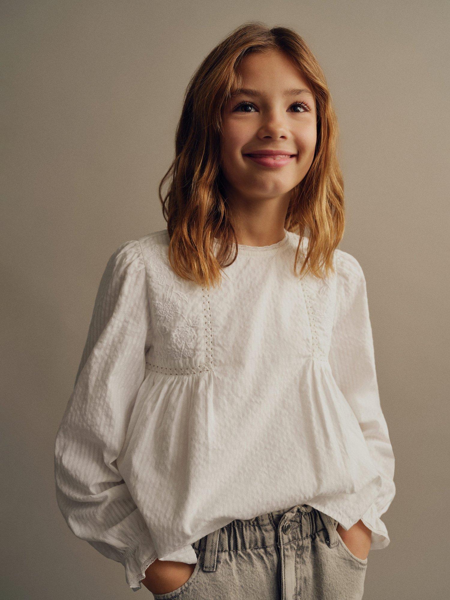 Product image 1 of 5, which shows Mango Kids' Tomasa Embroidered Cotton Blouse, Natural White, 7 years