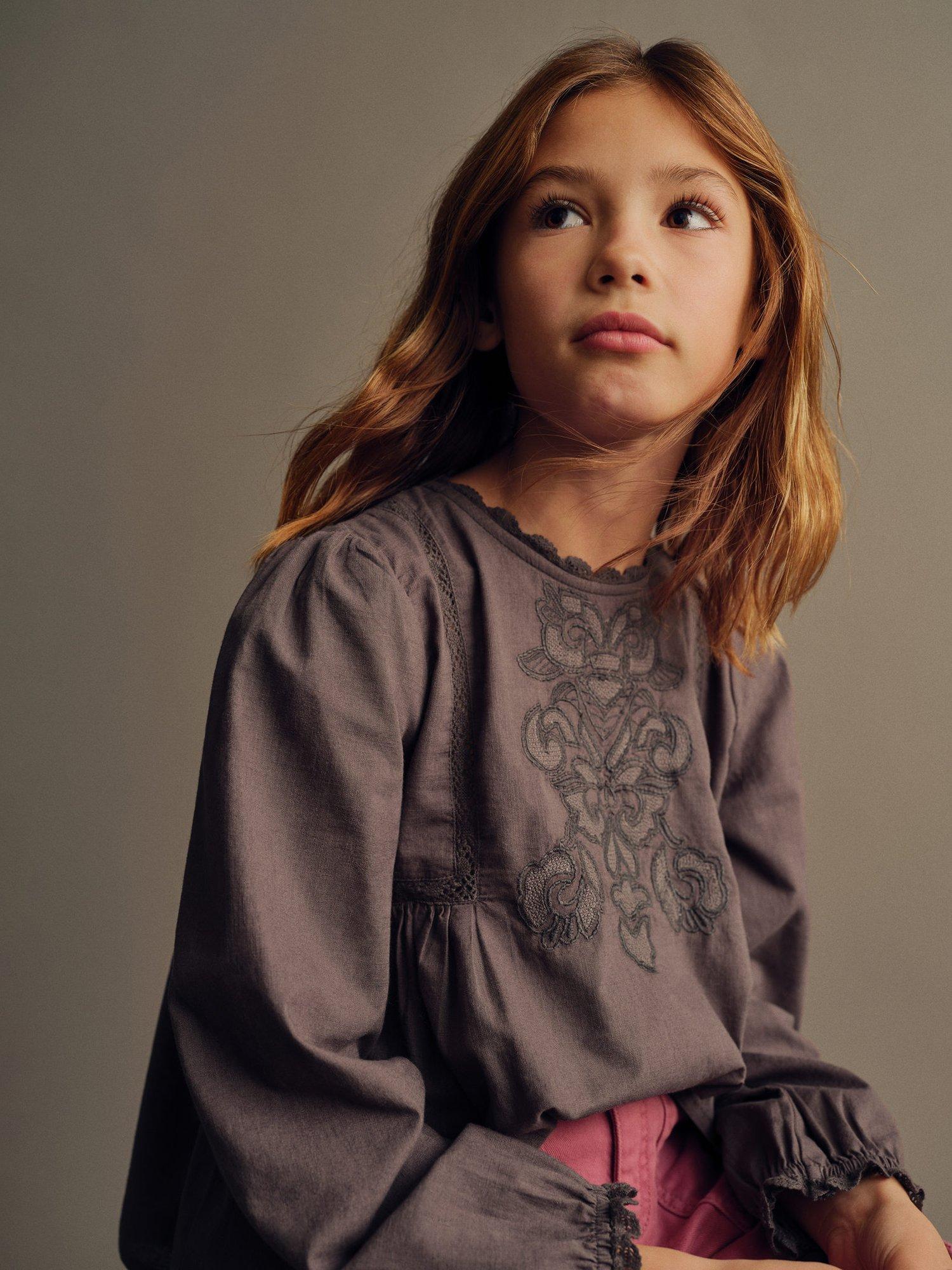 Product image 1 of 5, which shows Mango Kids' Valeria Embroidered Cotton Blouse, Charcoal, 13-14 years