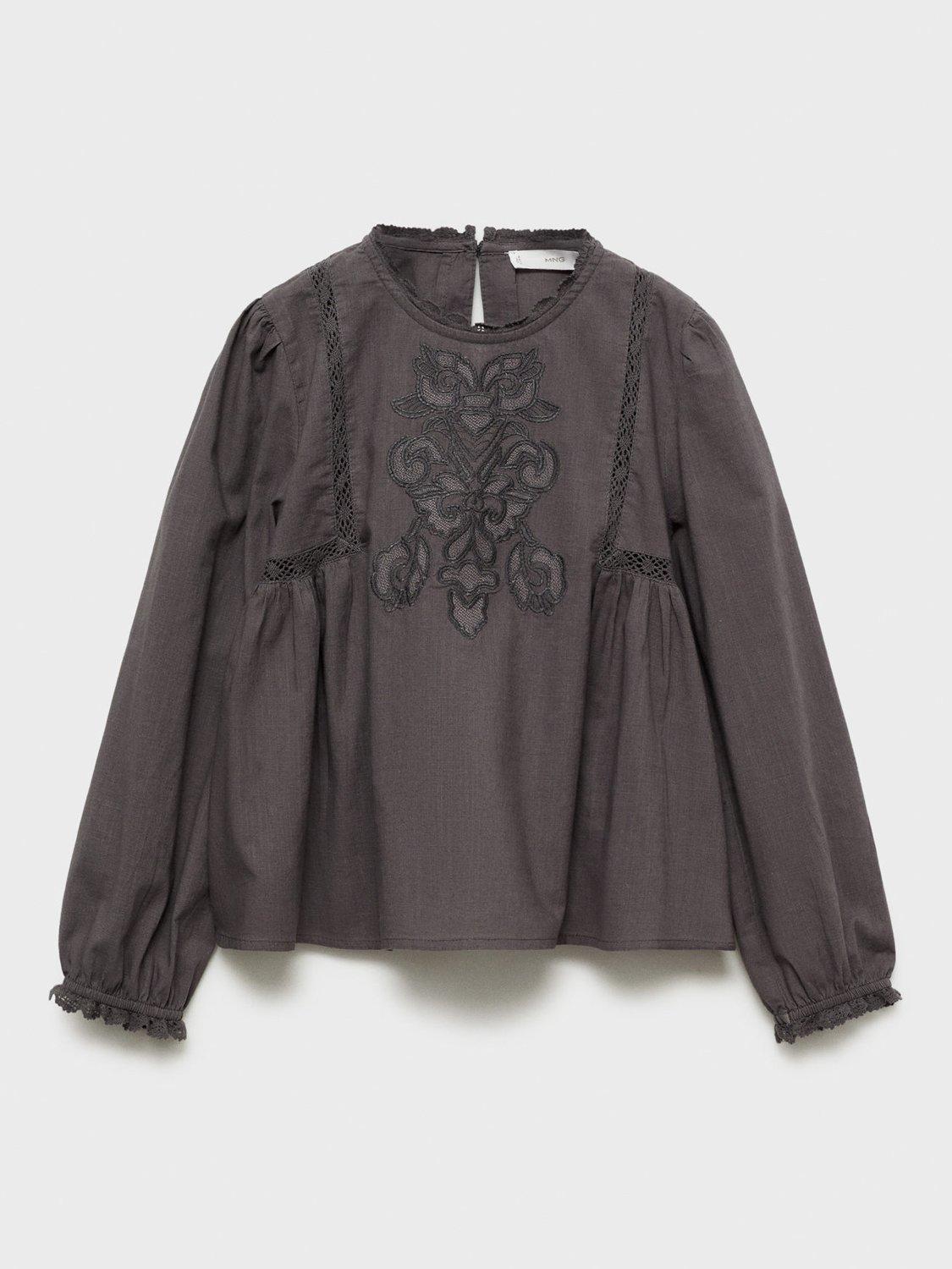 Product image 2 of 5, which shows Mango Kids' Valeria Embroidered Cotton Blouse, Charcoal, 13-14 years